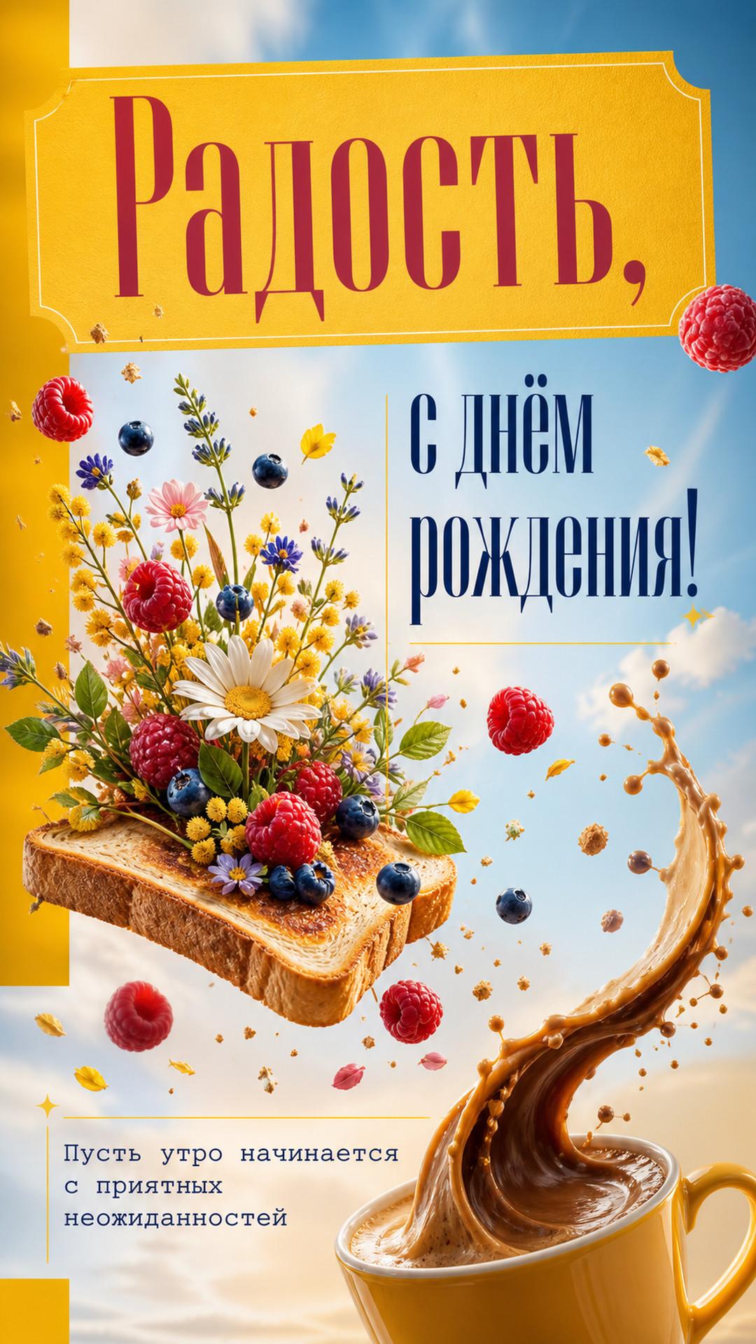 Открытка «Радость, с днём рождения!»: завтрак оживает: из тоста вырастает миниатюрный букет, ягоды парят, кофе образует идеальную волну, premium product surrealism. Надпись: «Пусть утро начинается с приятных неожиданностей».