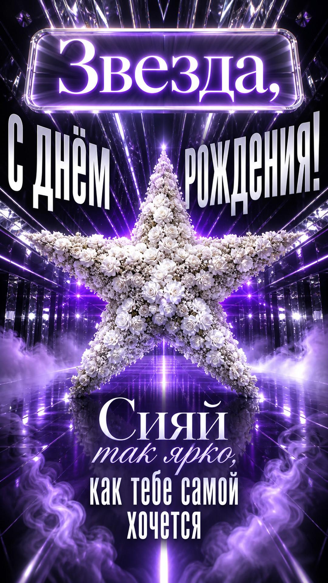Открытка «Звезда, с днём рождения!»: зеркальный тоннель и скульптура звезды из живых белых цветов, цветные лучи и мягкий дым, без людей. Надпись: «Сияй так ярко, как тебе самой хочется».