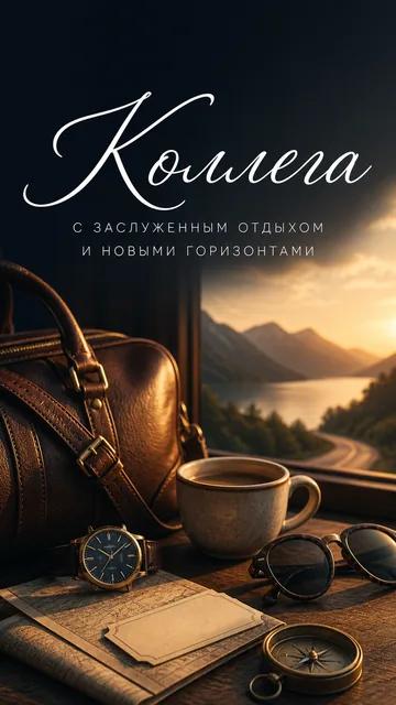 Коллега: С ЗАСЛУЖЕННЫМ ОТДЫХОМ — И НОВЫМИ ГОРИЗОНТАМИ — открытка на выход на пенсию