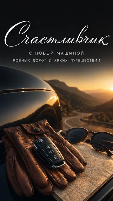 Счастливчик: С НОВОЙ МАШИНОЙ — РОВНЫХ ДОРОГ И ЯРКИХ ПУТЕШЕСТВИЙ — открытка на новая машина