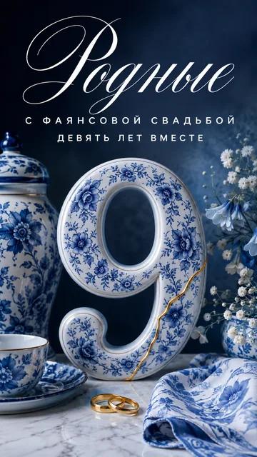 Родные: С ФАЯНСОВОЙ СВАДЬБОЙ — ДЕВЯТЬ ЛЕТ ВМЕСТЕ — открытка на годовщина свадьбы