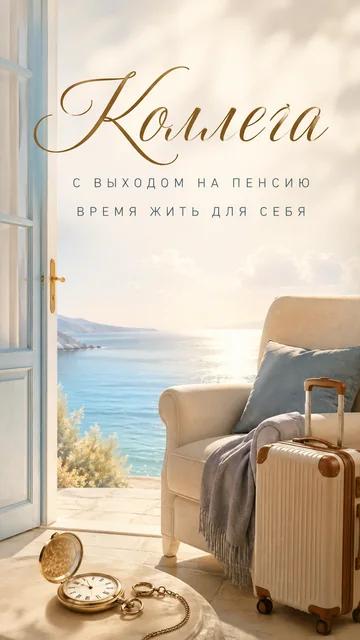 Коллега: С выходом на пенсию — Время жить для себя — открытка на выход на пенсию