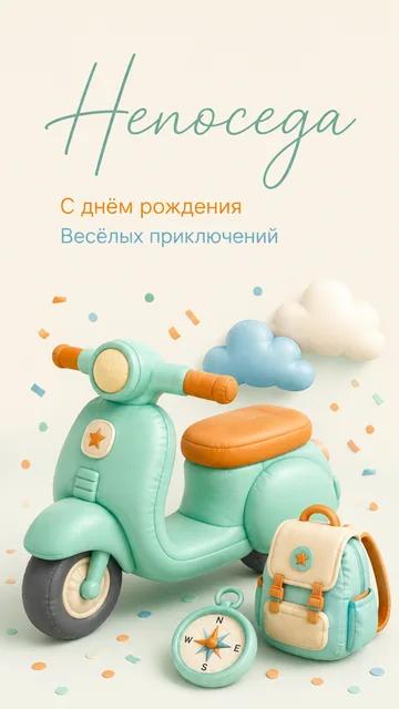 Непоседа: С днём рождения — Весёлых приключений — открытка на день рождения