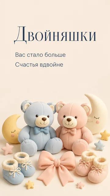 Двойняшки: Вас стало больше — Счастья вдвойне — открытка на рождение ребёнка