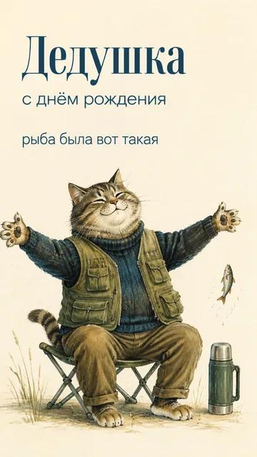 Дедушка: с днём рождения — рыба была вот такая — открытка на день рождения