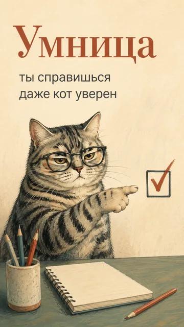 Умница: ты справишься — даже кот уверен — открытка на поддержка