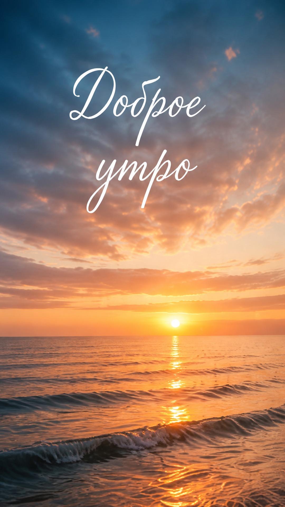 Открытка «Доброе утро» с морским рассветом: морской рассвет, золотая дорожка на воде и воздушное небо. Текст: «Доброе утро».