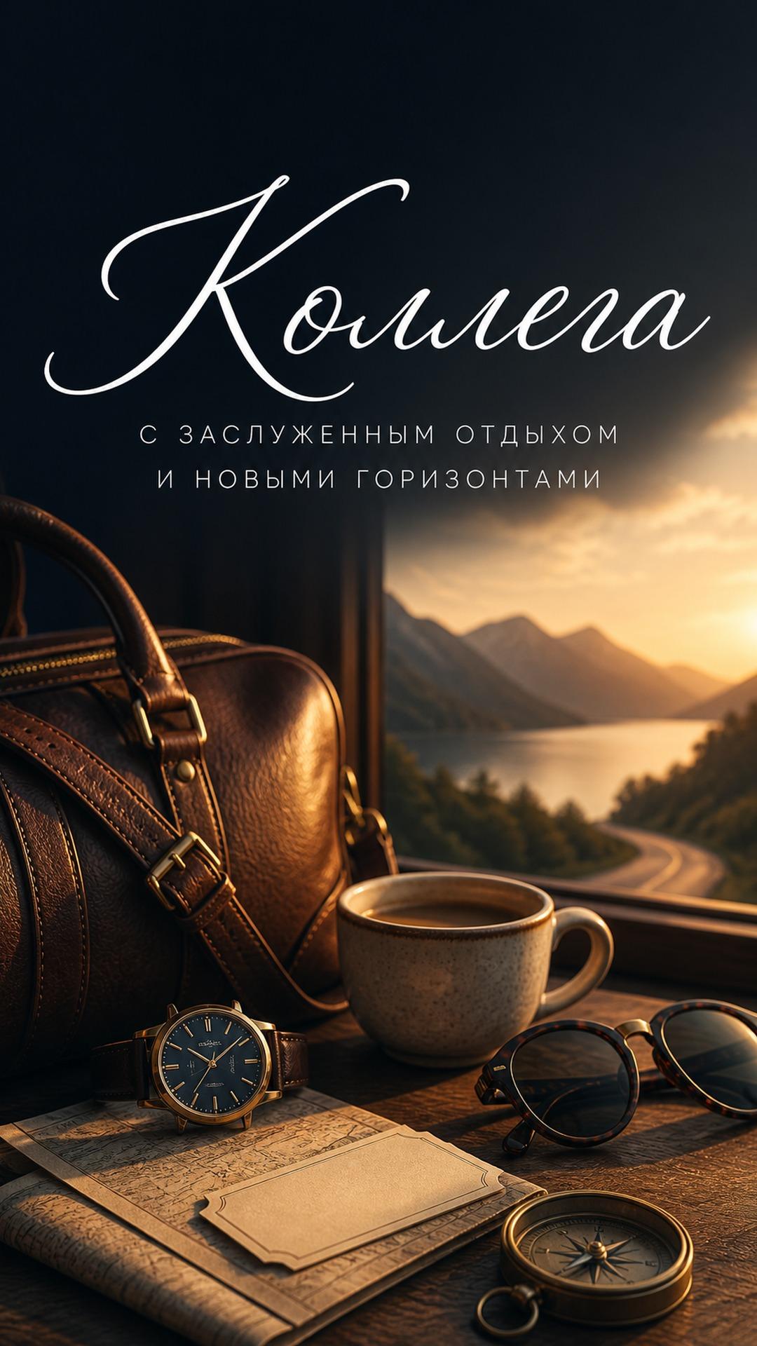 Открытка коллеге с выходом на пенсию: дорожная сумка, часы, карта и горное озеро в золотом свете. Текст: «Коллега. С ЗАСЛУЖЕННЫМ ОТДЫХОМ. И НОВЫМИ ГОРИЗОНТАМИ».