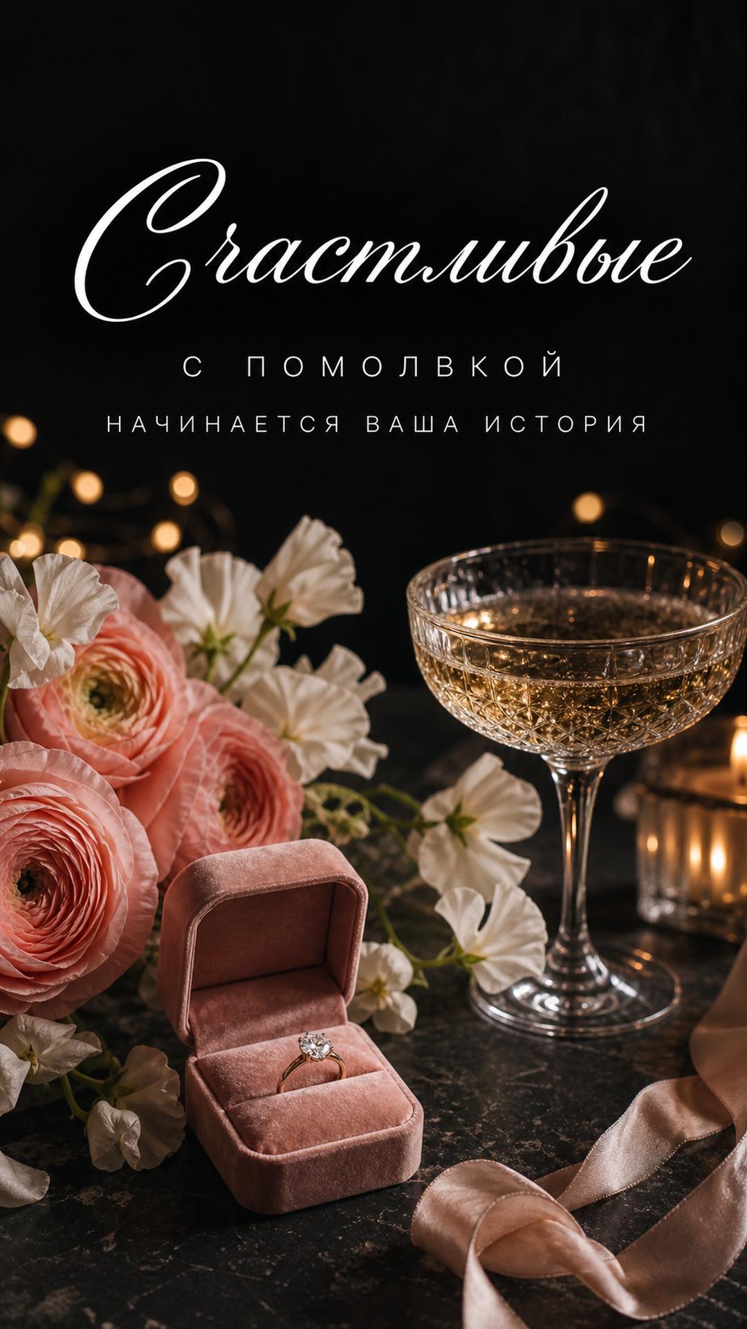 Открытка паре с помолвкой: кольцо в бархатной коробочке, шампанское, розовые цветы и лента. Текст: «Счастливые. С ПОМОЛВКОЙ. НАЧИНАЕТСЯ ВАША ИСТОРИЯ».