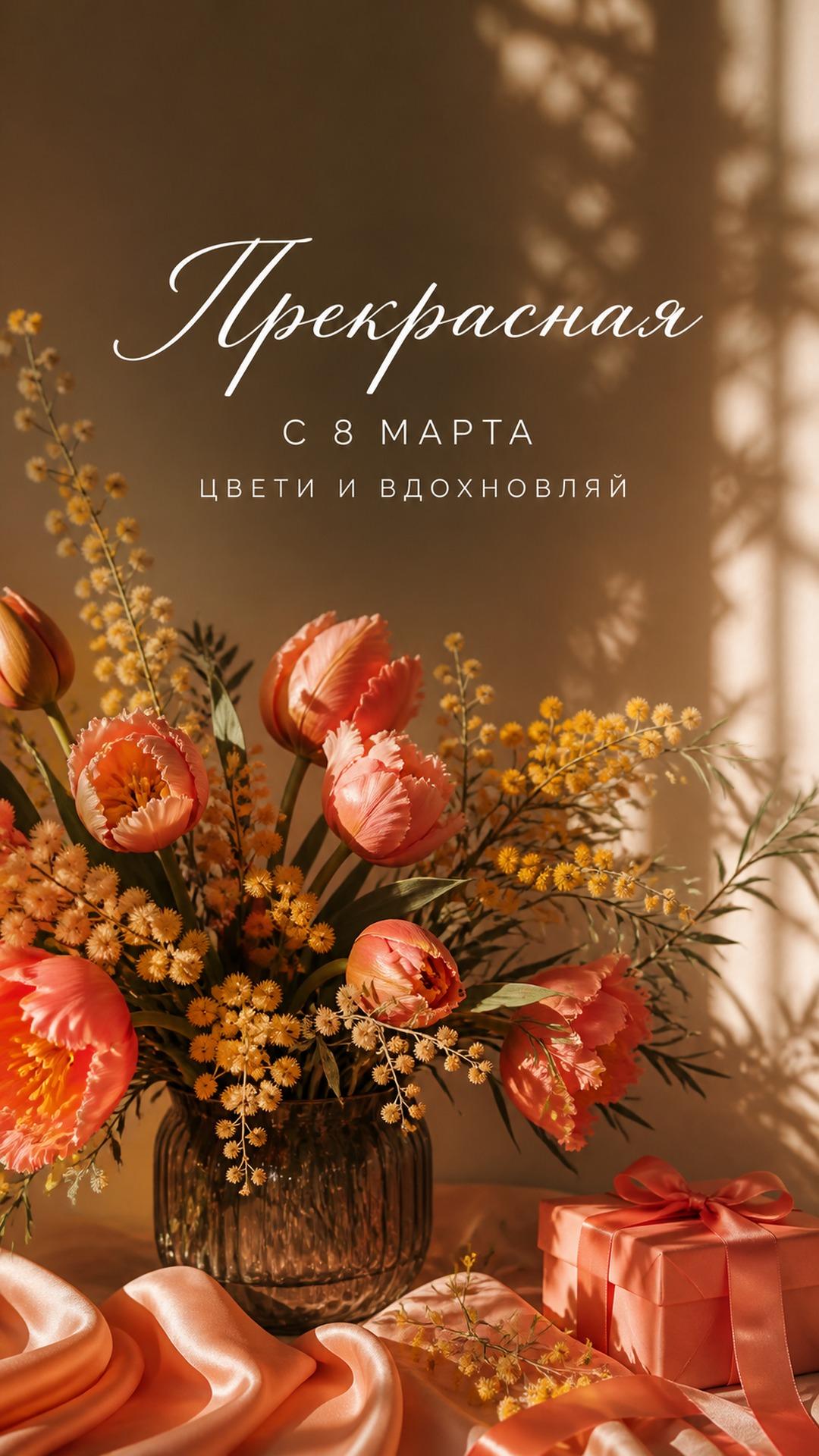 Открытка женщине с 8 Марта: коралловые тюльпаны, мимоза и подарок в золотом весеннем свете. Текст: «Прекрасная. С 8 МАРТА. ЦВЕТИ И ВДОХНОВЛЯЙ».