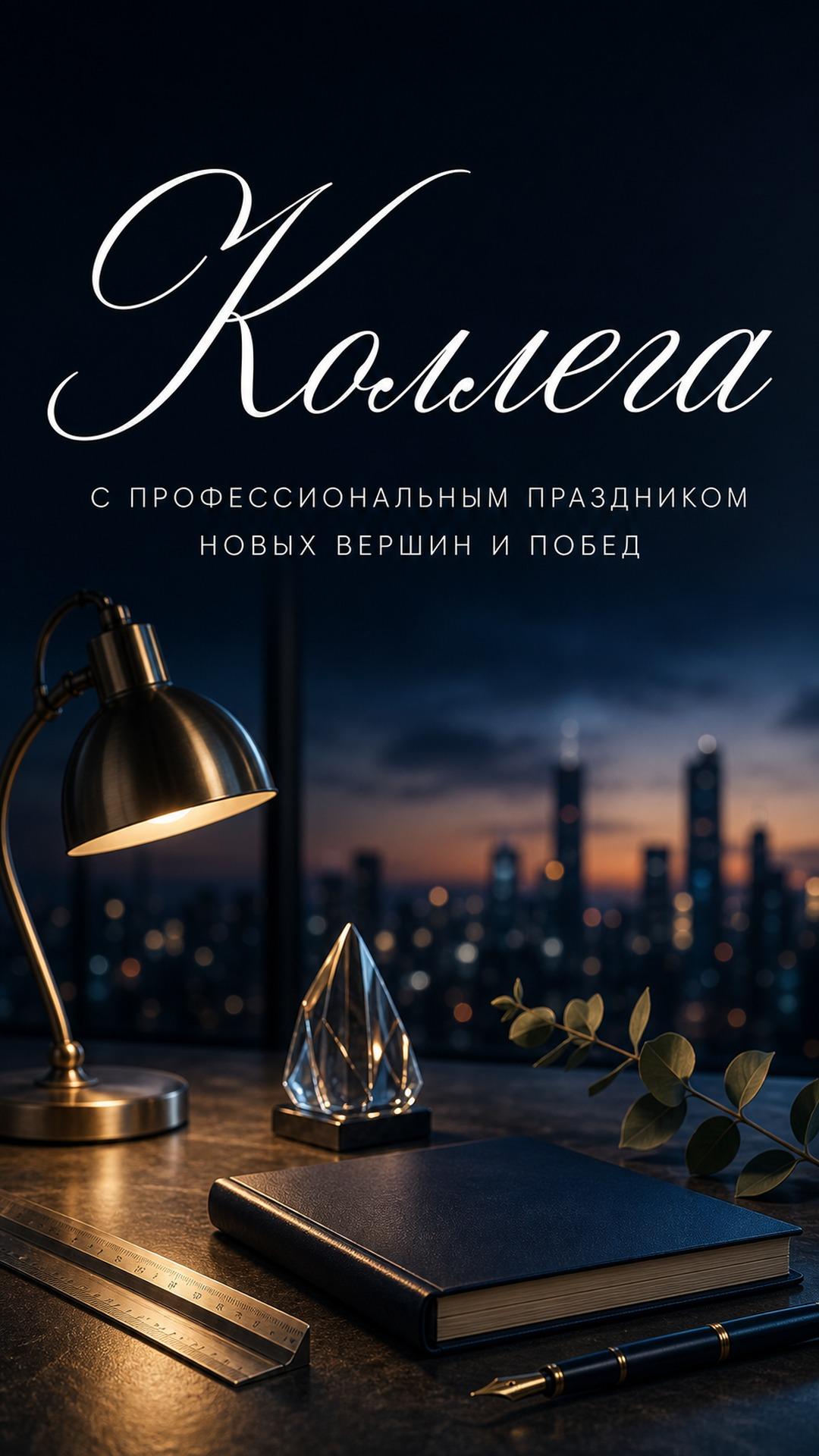 Открытка коллеге на профессиональный праздник: современный стол, стеклянная награда, ежедневник и ночная панорама города. Текст: «Коллега. С ПРОФЕССИОНАЛЬНЫМ ПРАЗДНИКОМ. НОВЫХ ВЕРШИН И ПОБЕД».