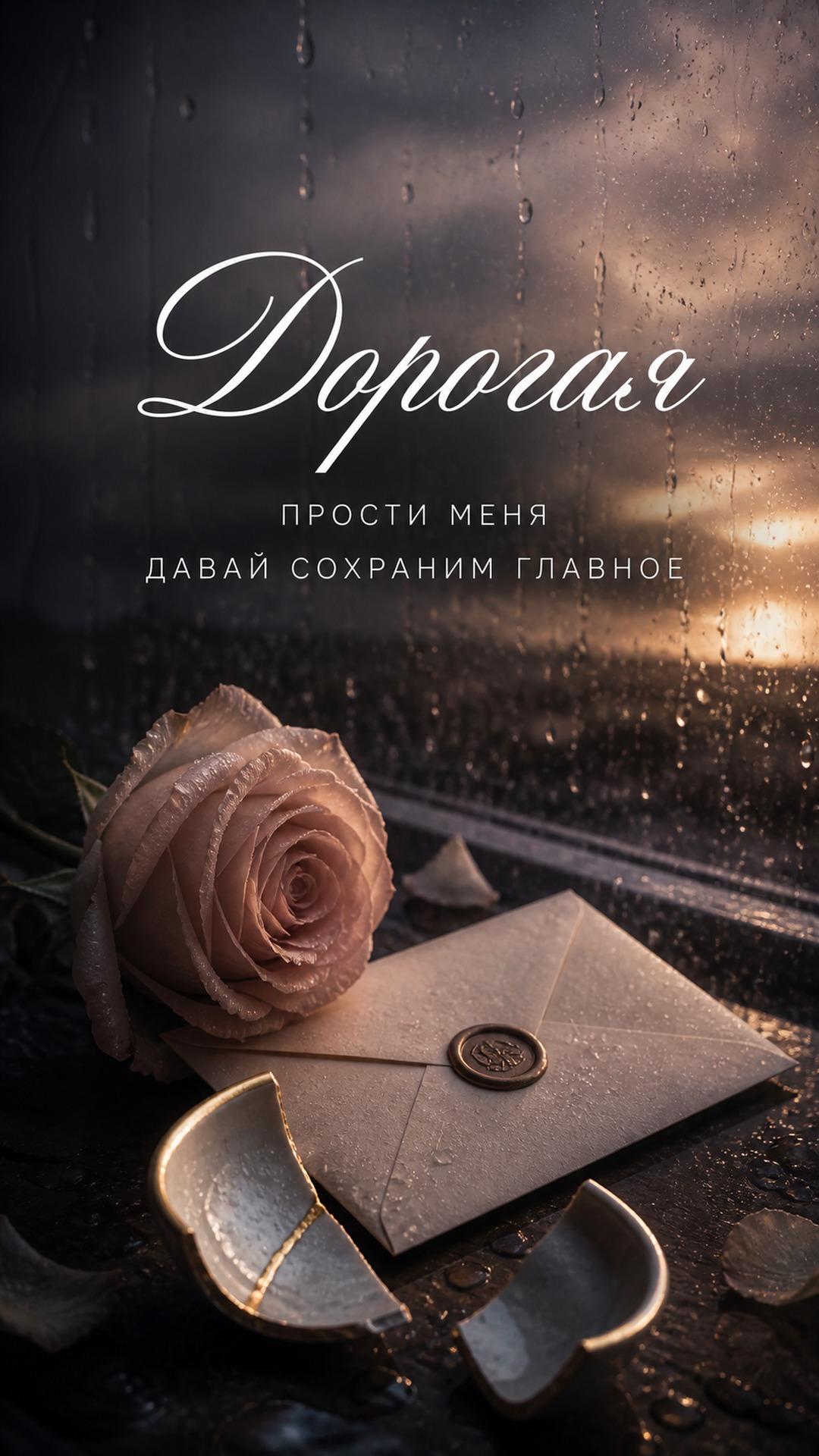 Открытка любимой «Прости меня»: запечатанное письмо и роза на мокром столике у дождливого окна. Текст: «Дорогая. ПРОСТИ МЕНЯ. ДАВАЙ СОХРАНИМ ГЛАВНОЕ».