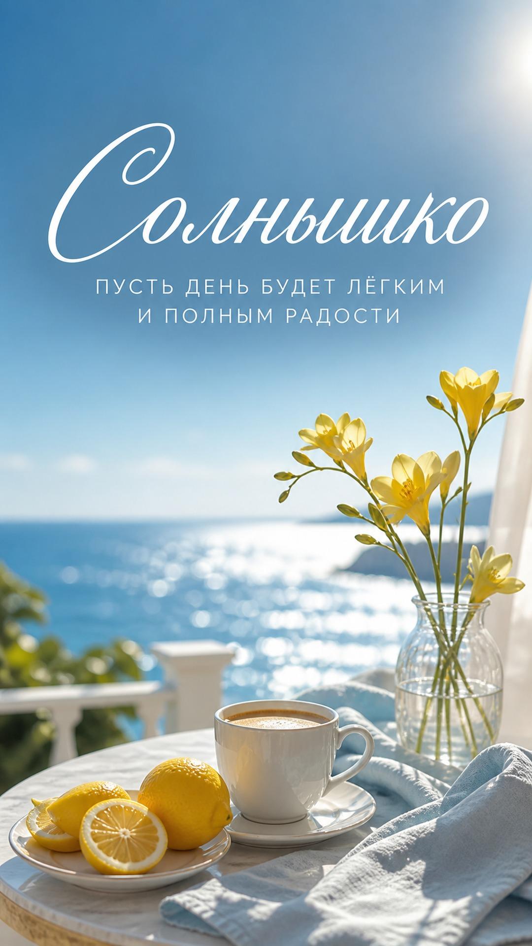 Открытка «Хорошего дня, солнышко»: солнечная морская терраса, лимоны, чашка и жёлтые цветы. Текст: «Солнышко. ПУСТЬ ДЕНЬ БУДЕТ ЛЁГКИМ. И ПОЛНЫМ РАДОСТИ».