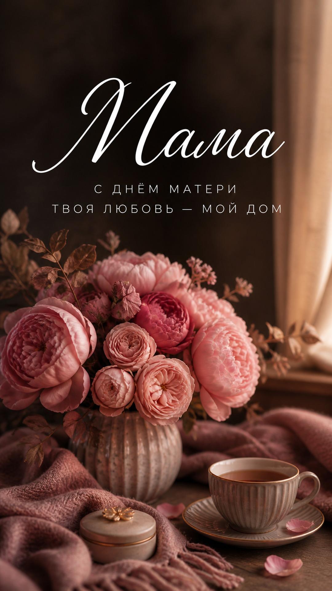 Открытка маме с Днём матери: пышный розовый букет, чашка и мягкий текстиль в камерном домашнем свете. Текст: «Мама. С ДНЁМ МАТЕРИ. ТВОЯ ЛЮБОВЬ — МОЙ ДОМ».