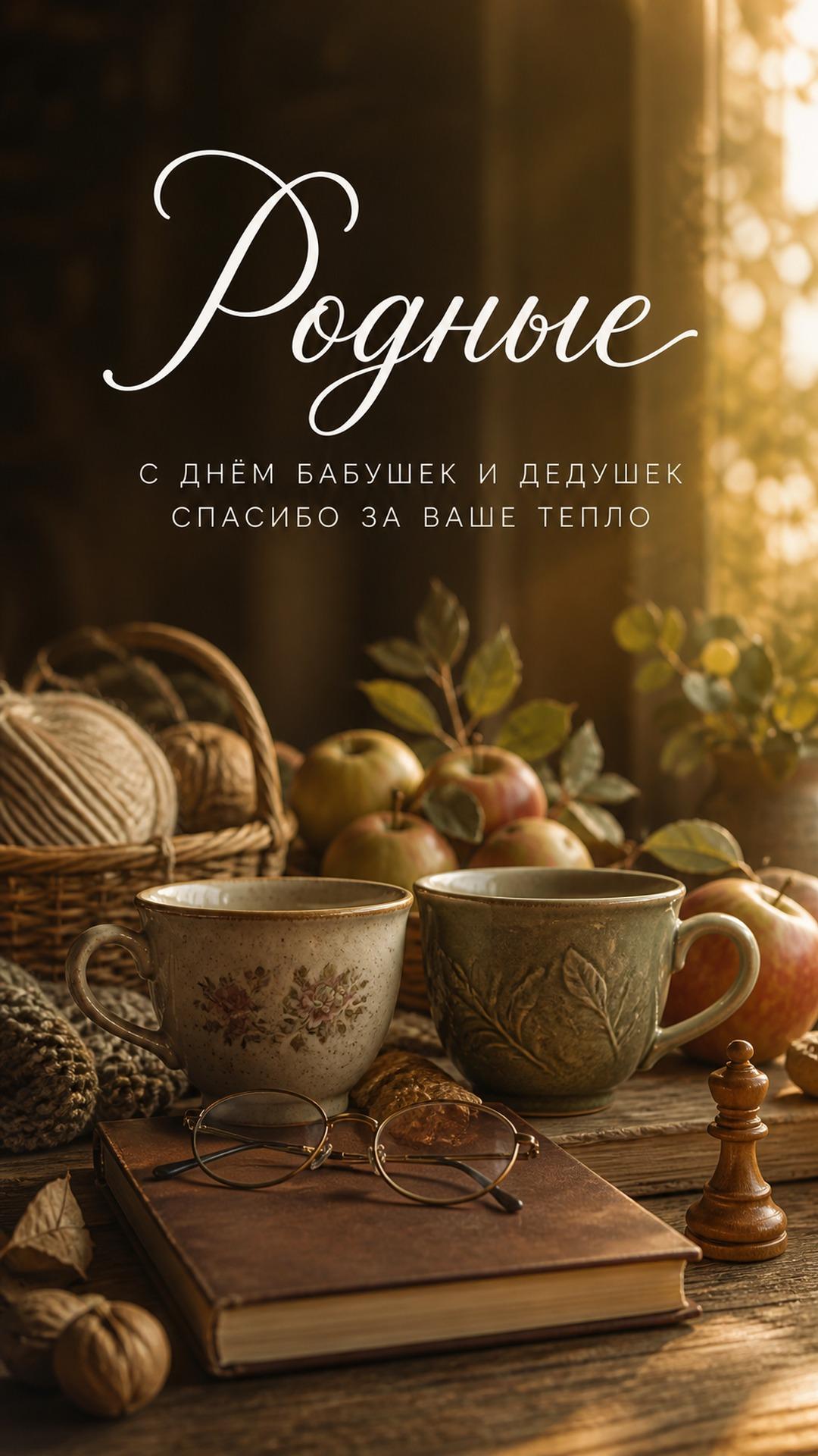 Открытка бабушке и дедушке: старые книги, две чашки, очки, клубок и яблоки в солнечном домашнем свете. Текст: «Родные. С ДНЁМ БАБУШЕК И ДЕДУШЕК. СПАСИБО ЗА ВАШЕ ТЕПЛО».