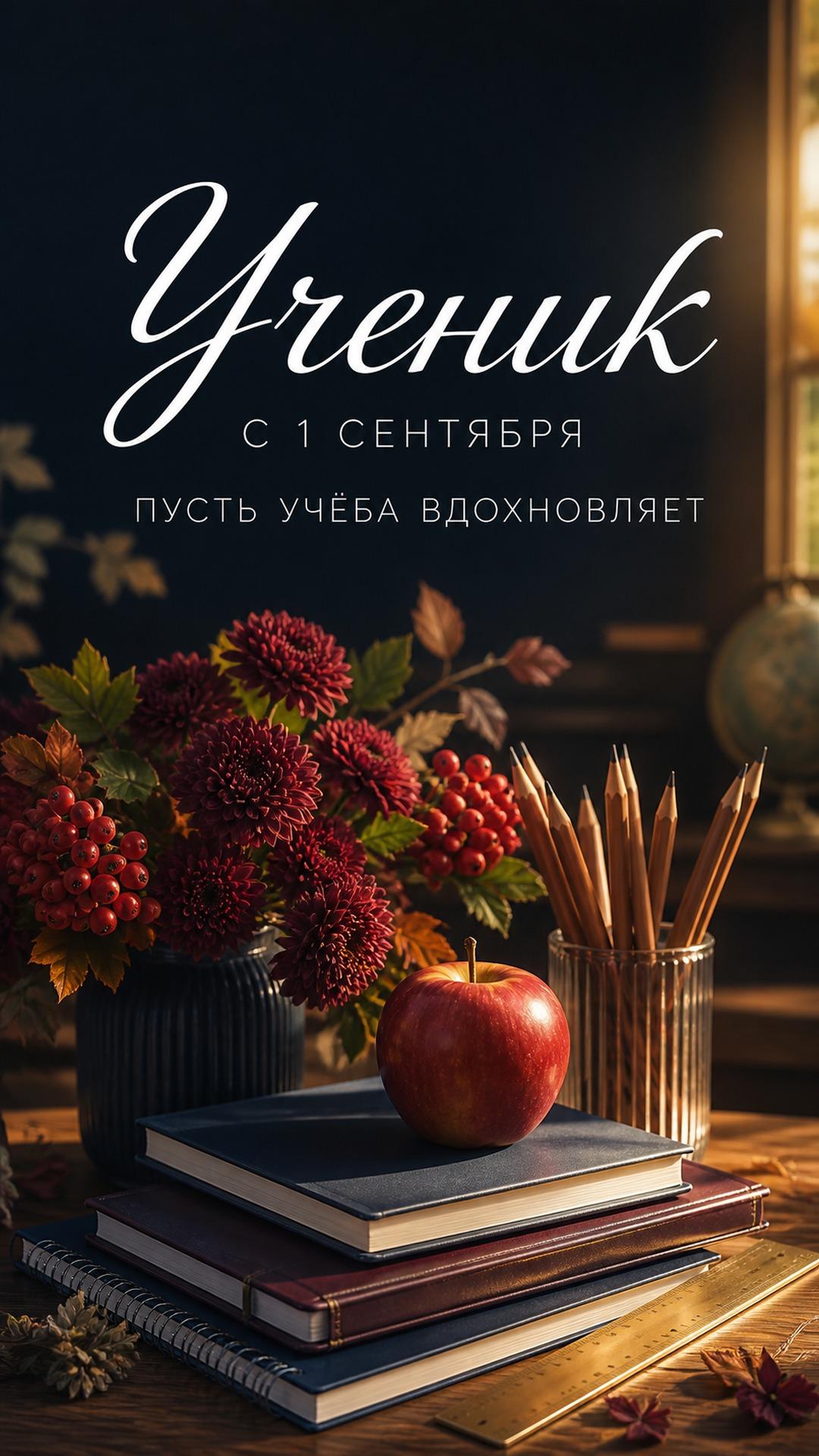 Открытка ученику с 1 Сентября: книги, яблоко, карандаши, глобус и осенние цветы в школьном классе. Текст: «Ученик. С 1 СЕНТЯБРЯ. ПУСТЬ УЧЁБА ВДОХНОВЛЯЕТ».
