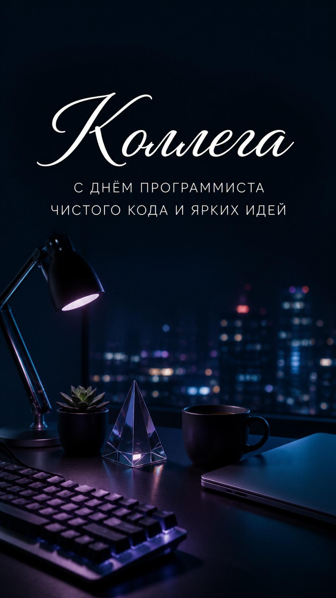 Открытка коллеге с Днём программиста: клавиатура, ноутбук, тёмный рабочий стол и ночные городские огни. Текст: «Коллега. С ДНЁМ ПРОГРАММИСТА. ЧИСТОГО КОДА И ЯРКИХ ИДЕЙ».