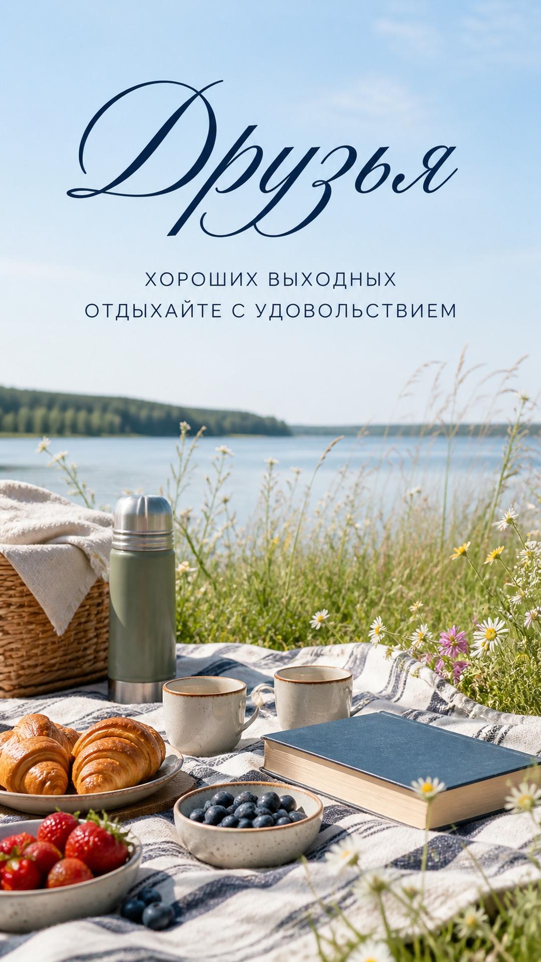 Открытка друзьям «Хороших выходных»: пикник у озера, корзина, термос, круассаны и летние ягоды. Текст: «Друзья. ХОРОШИХ ВЫХОДНЫХ. ОТДЫХАЙТЕ С УДОВОЛЬСТВИЕМ».
