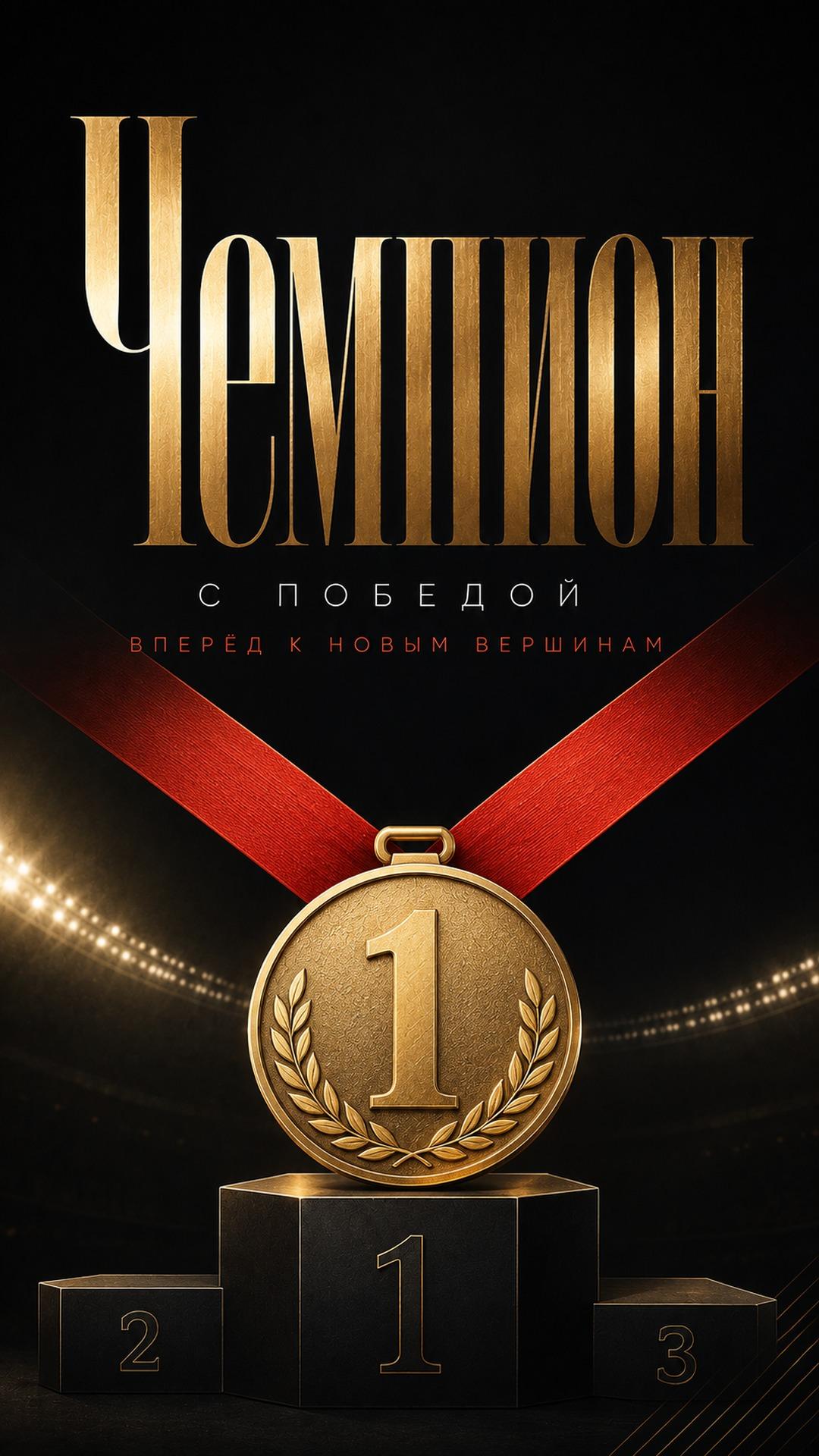 Открытка чемпиону с победой: золотая медаль с цифрой 1, красная лента и пьедестал победителя. Текст: «Чемпион. С ПОБЕДОЙ. ВПЕРЁД К НОВЫМ ВЕРШИНАМ».