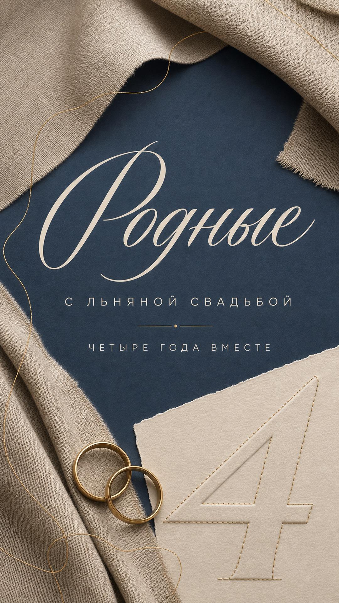 Открытка с льняной свадьбой — 4 года вместе: цифра 4, вышитая на льняной ткани, тёмно-синяя бумага и кольца. Текст: «Родные. С ЛЬНЯНОЙ СВАДЬБОЙ. ЧЕТЫРЕ ГОДА ВМЕСТЕ».