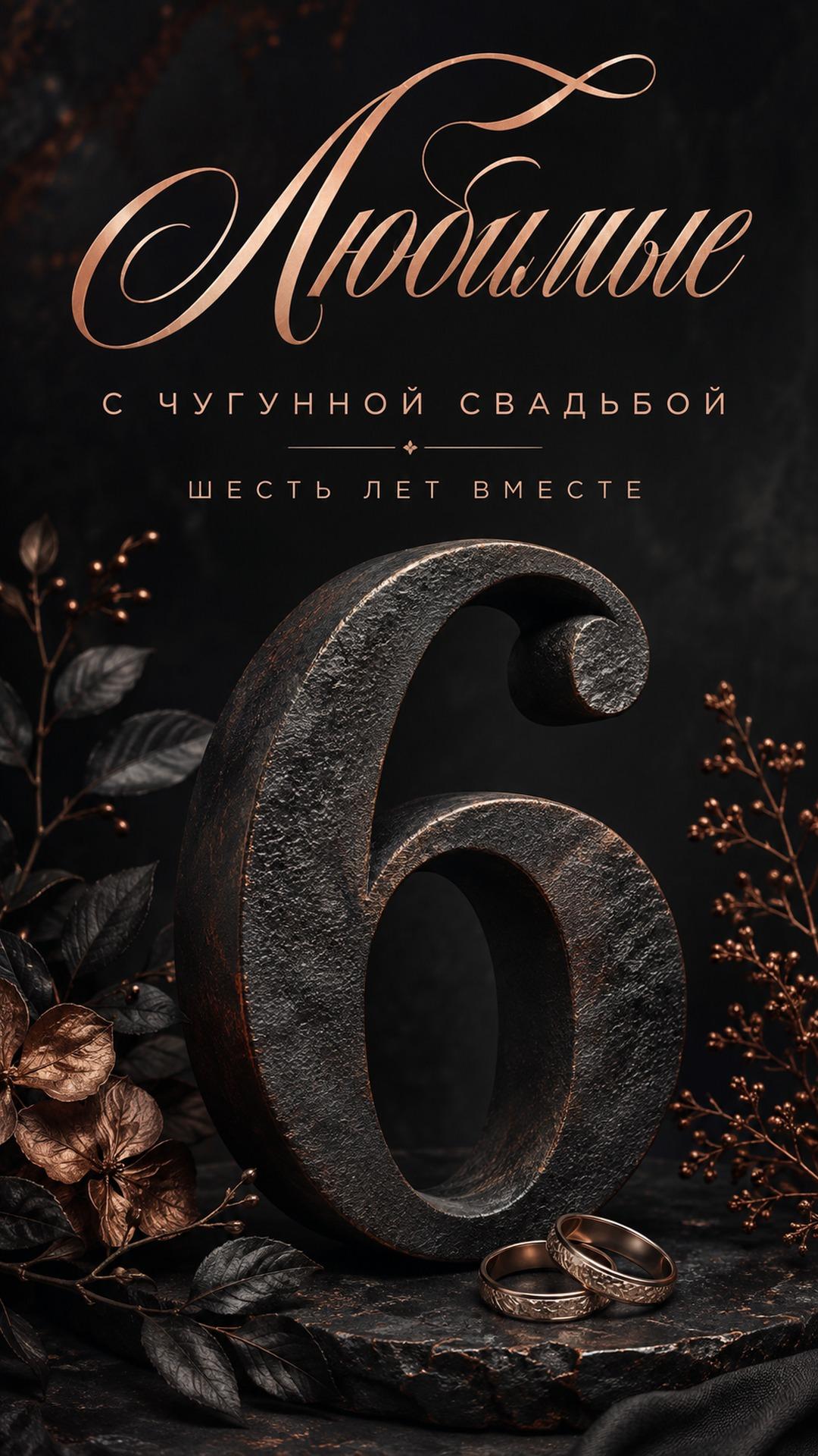Открытка с чугунной свадьбой — 6 лет вместе: монументальная цифра 6 из чугуна, бронзовые листья и кольца. Текст: «Любимые. С ЧУГУННОЙ СВАДЬБОЙ. ШЕСТЬ ЛЕТ ВМЕСТЕ».