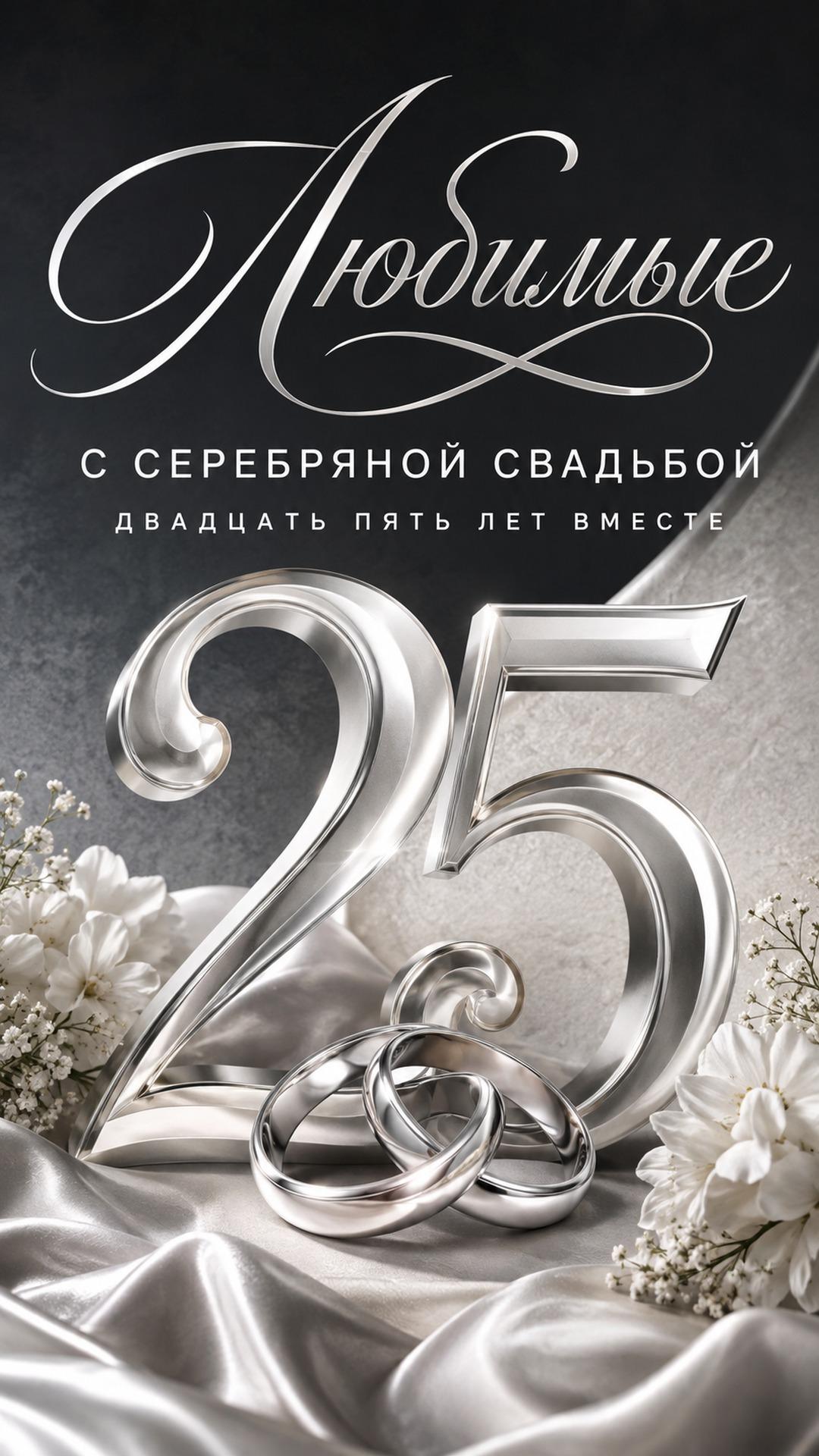 Открытка с серебряной свадьбой — 25 лет вместе: зеркальные серебряные цифры 25, белые цветы, атлас и кольца. Текст: «Любимые. С СЕРЕБРЯНОЙ СВАДЬБОЙ. ДВАДЦАТЬ ПЯТЬ ЛЕТ ВМЕСТЕ».