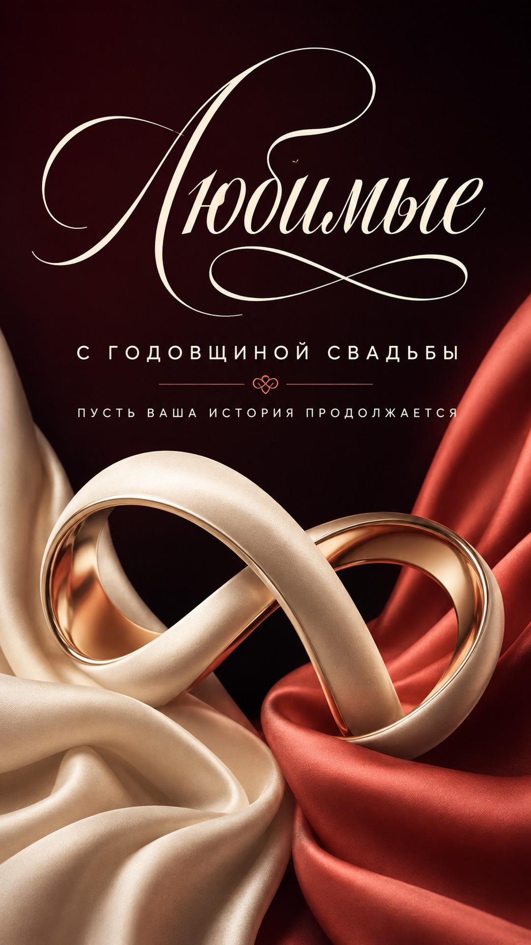 Красивая открытка с годовщиной свадьбы: два переплетённых кольца в форме бесконечности на бордовом бархате. Текст: «Любимые. С ГОДОВЩИНОЙ СВАДЬБЫ. ПУСТЬ ВАША ИСТОРИЯ ПРОДОЛЖАЕТСЯ».