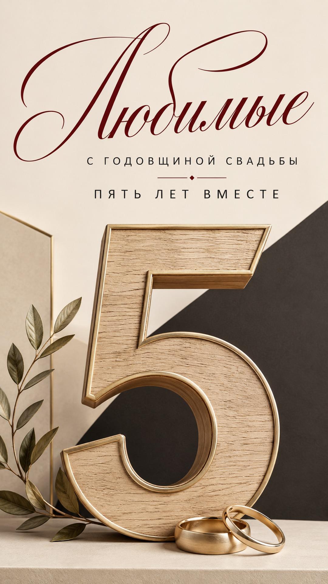 Открытка с годовщиной свадьбы — 5 лет вместе: крупная деревянная цифра 5, тонкая золотая рамка, ветвь и кольца. Текст: «Любимые. С ГОДОВЩИНОЙ СВАДЬБЫ. ПЯТЬ ЛЕТ ВМЕСТЕ».