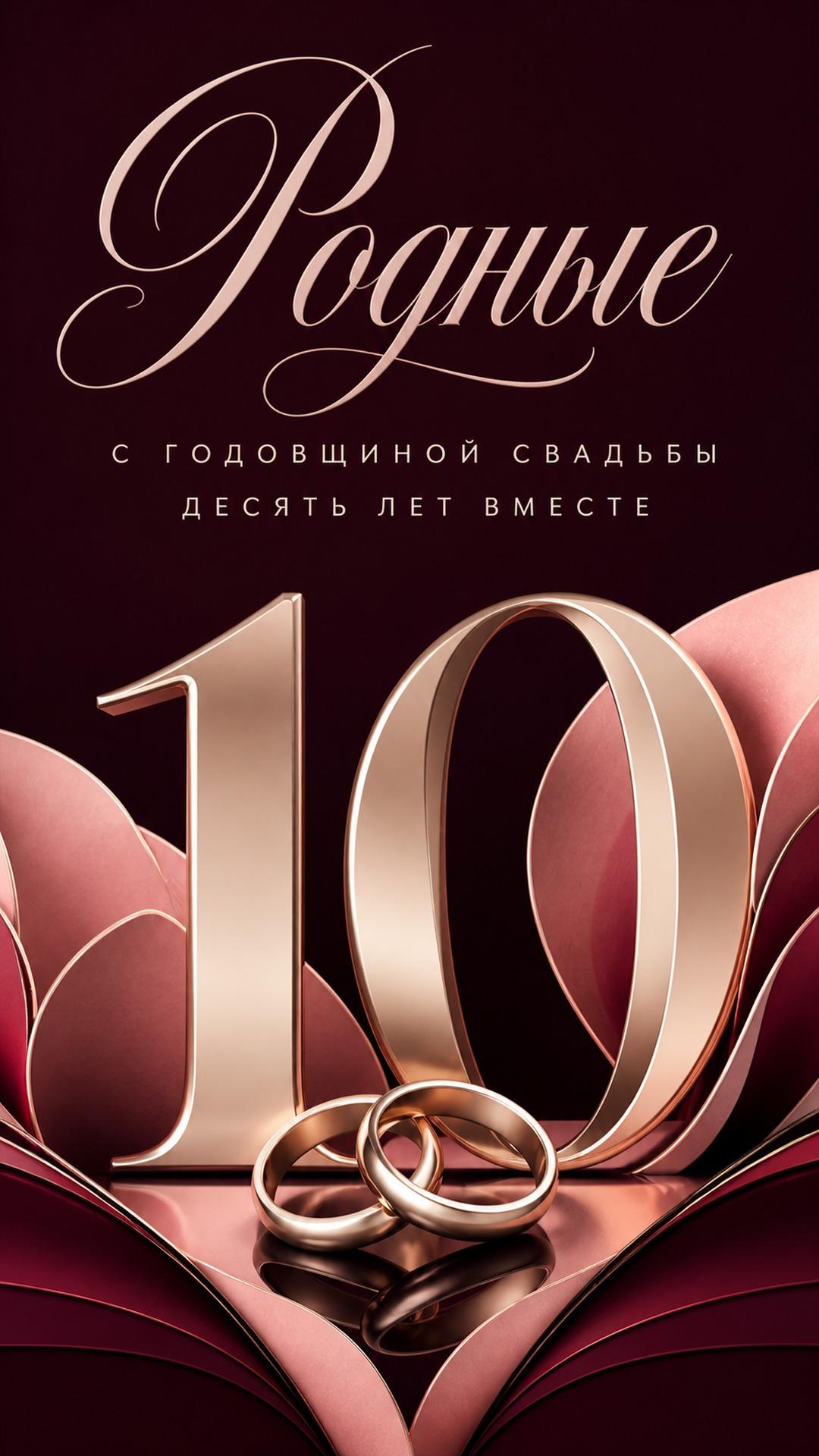 Открытка с годовщиной свадьбы — 10 лет вместе: металлические цифры 10 среди скульптурных розовых лепестков и колец. Текст: «Родные. С ГОДОВЩИНОЙ СВАДЬБЫ. ДЕСЯТЬ ЛЕТ ВМЕСТЕ».