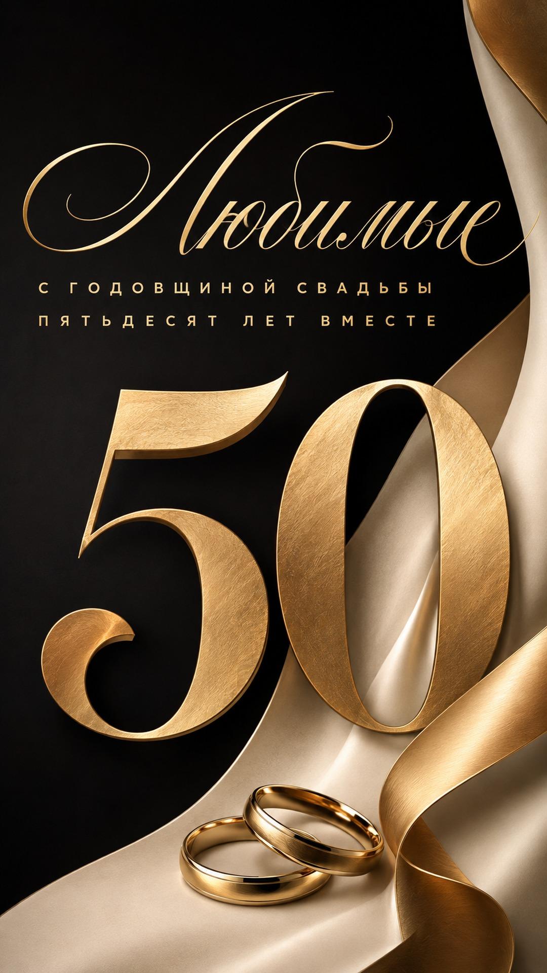 Открытка с годовщиной свадьбы — 50 лет вместе: матовые золотые цифры 50, широкие металлические ленты и кольца. Текст: «Любимые. С ГОДОВЩИНОЙ СВАДЬБЫ. ПЯТЬДЕСЯТ ЛЕТ ВМЕСТЕ».