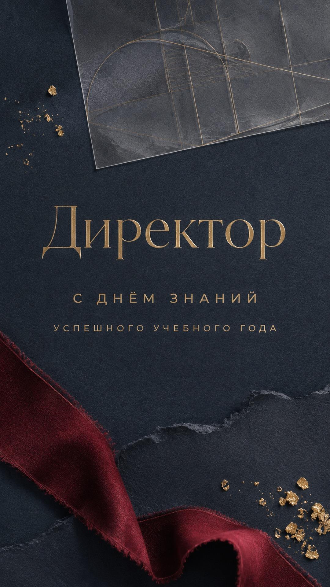 Открытка директору школы с Днём знаний: тёмно-синий картон, архитектурная калька, бордовая лента и золотое тиснение. Текст: «Директор. С ДНЁМ ЗНАНИЙ. УСПЕШНОГО УЧЕБНОГО ГОДА».