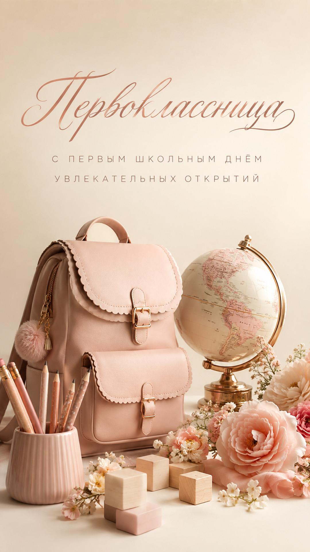 Открытка «Первоклассница: С первым школьным днём»: пудровый ранец, фарфоровый глобус, карандаши, буквы-кубики и цветы. Текст: «Первоклассница. С первым школьным днём. Увлекательных открытий».