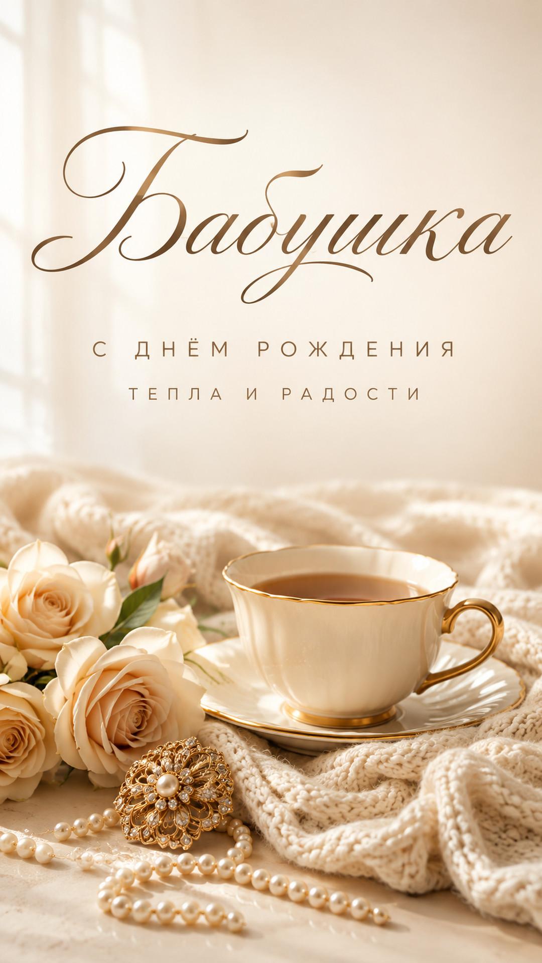 Открытка «Бабушка: С днём рождения»: фарфоровая чайная пара, кремовые розы, брошь и вязаный плед. Текст: «Бабушка. С днём рождения. Тепла и радости».