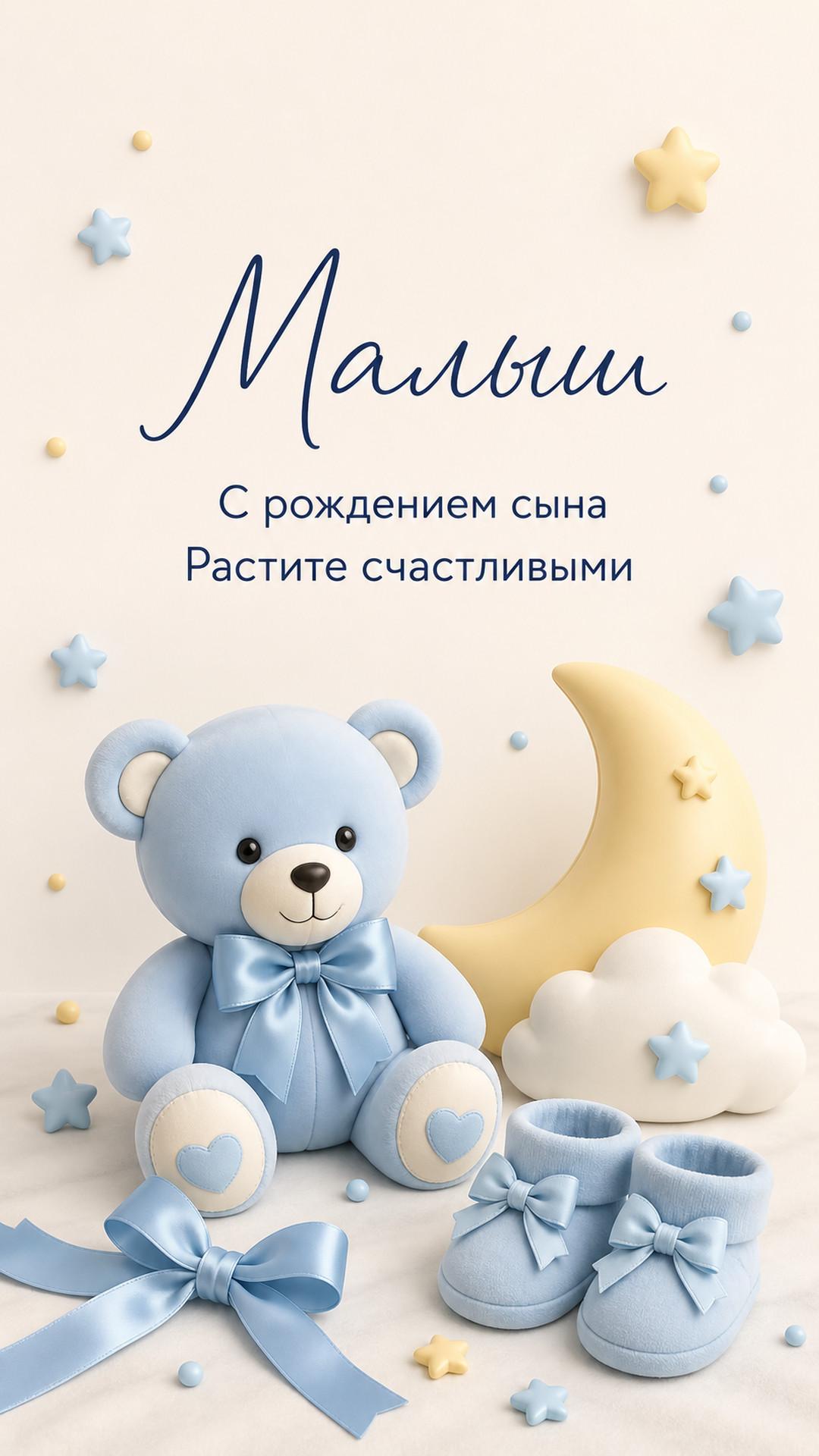 Открытка «Малыш: С рождением сына»: пухлый голубой медвежонок, месяц, облако, звёзды и пинетки. Текст: «Малыш. С рождением сына. Растите счастливыми».
