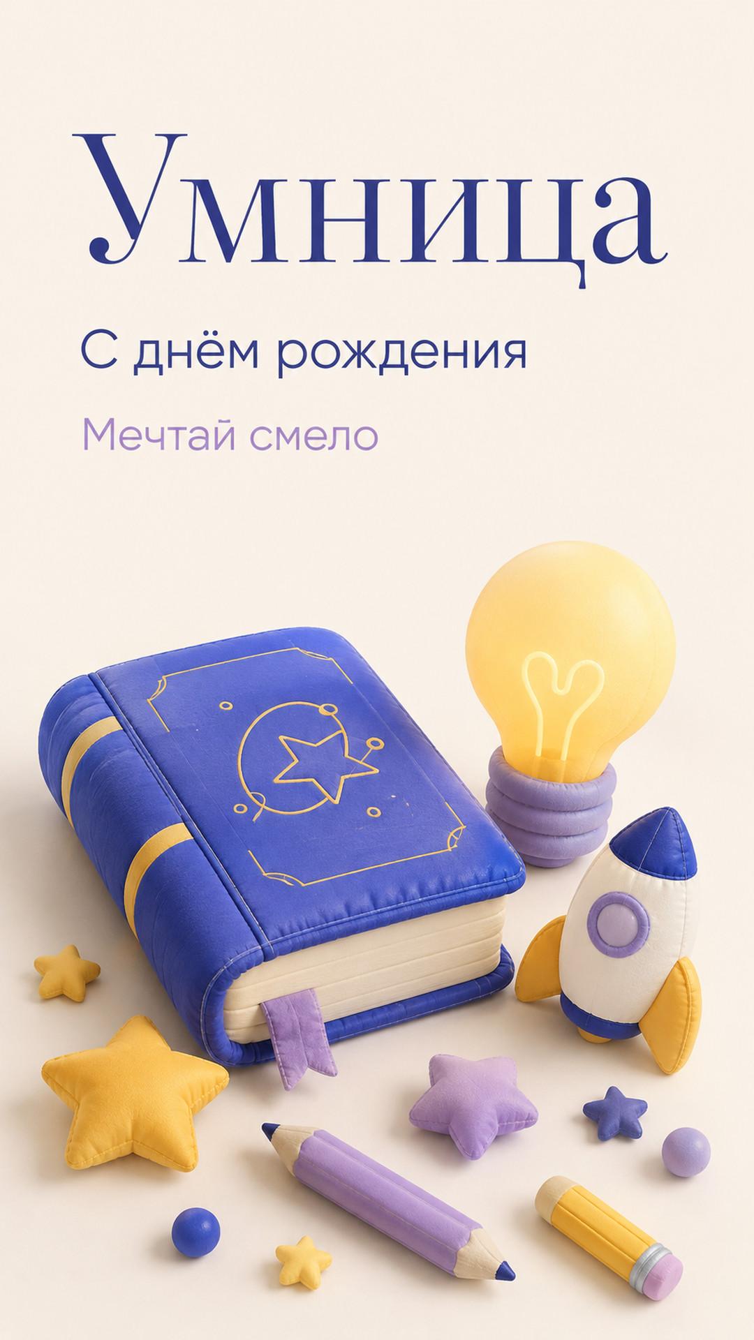 Открытка «Умница: С днём рождения»: книга, лампочка, ракета, звёзды и карандаши. Текст: «Умница. С днём рождения. Мечтай смело».