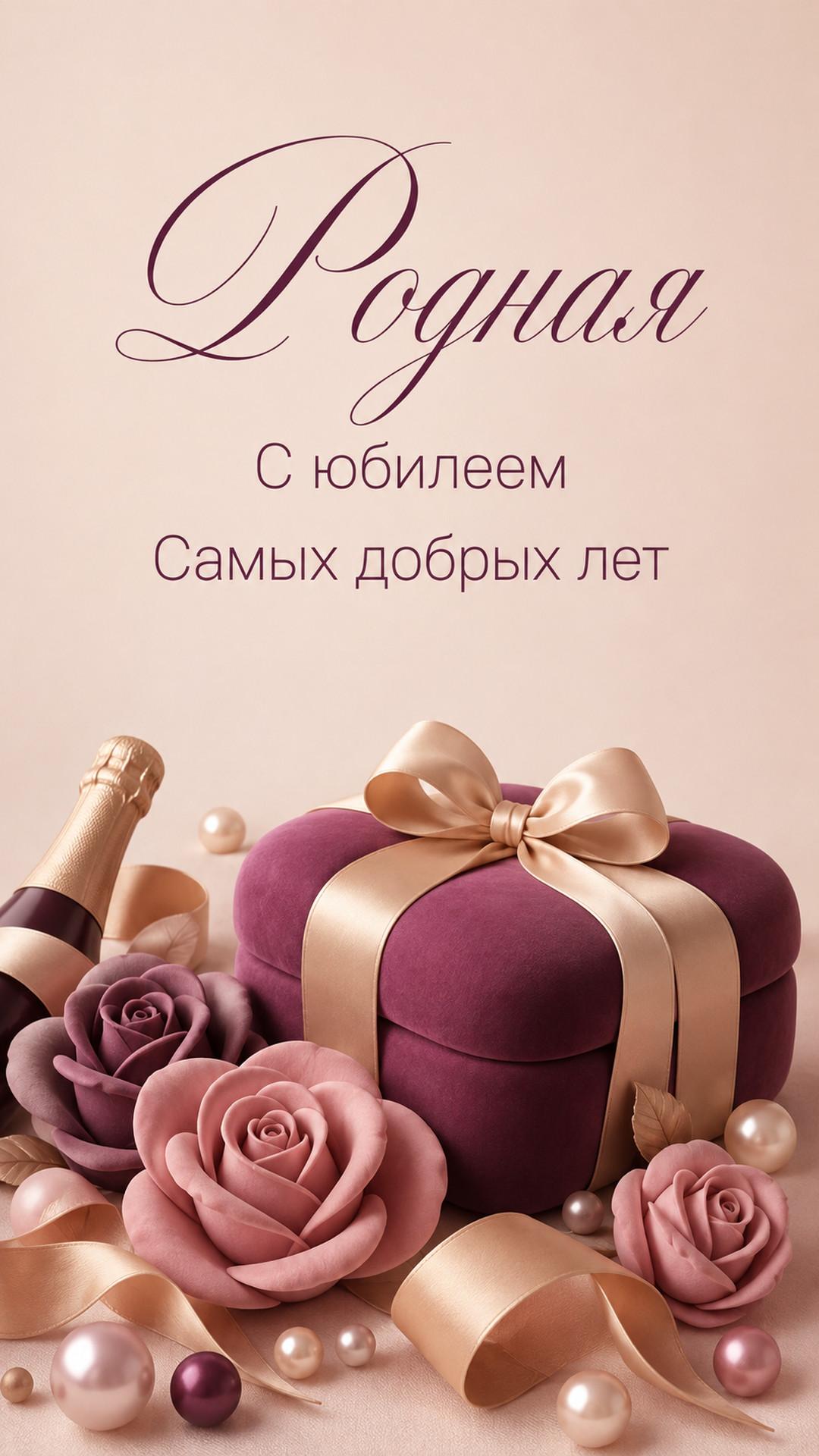 Открытка «Родная: С юбилеем»: подарочная коробка, розы, лента и жемчуг. Текст: «Родная. С юбилеем. Самых добрых лет».