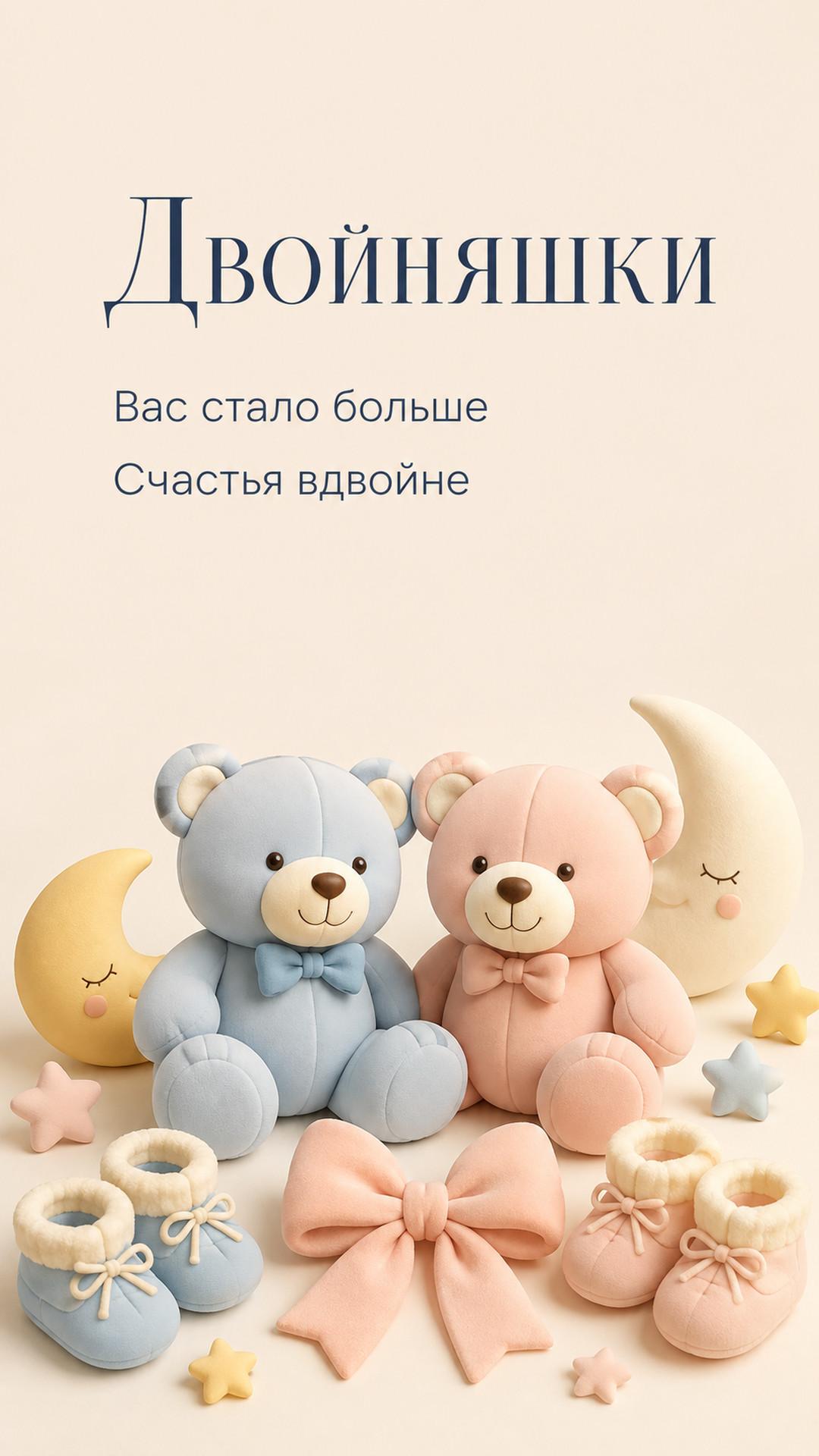 Открытка «Двойняшки: Вас стало больше»: два медвежонка, два месяца, парные пинетки и бант. Текст: «Двойняшки. Вас стало больше. Счастья вдвойне».