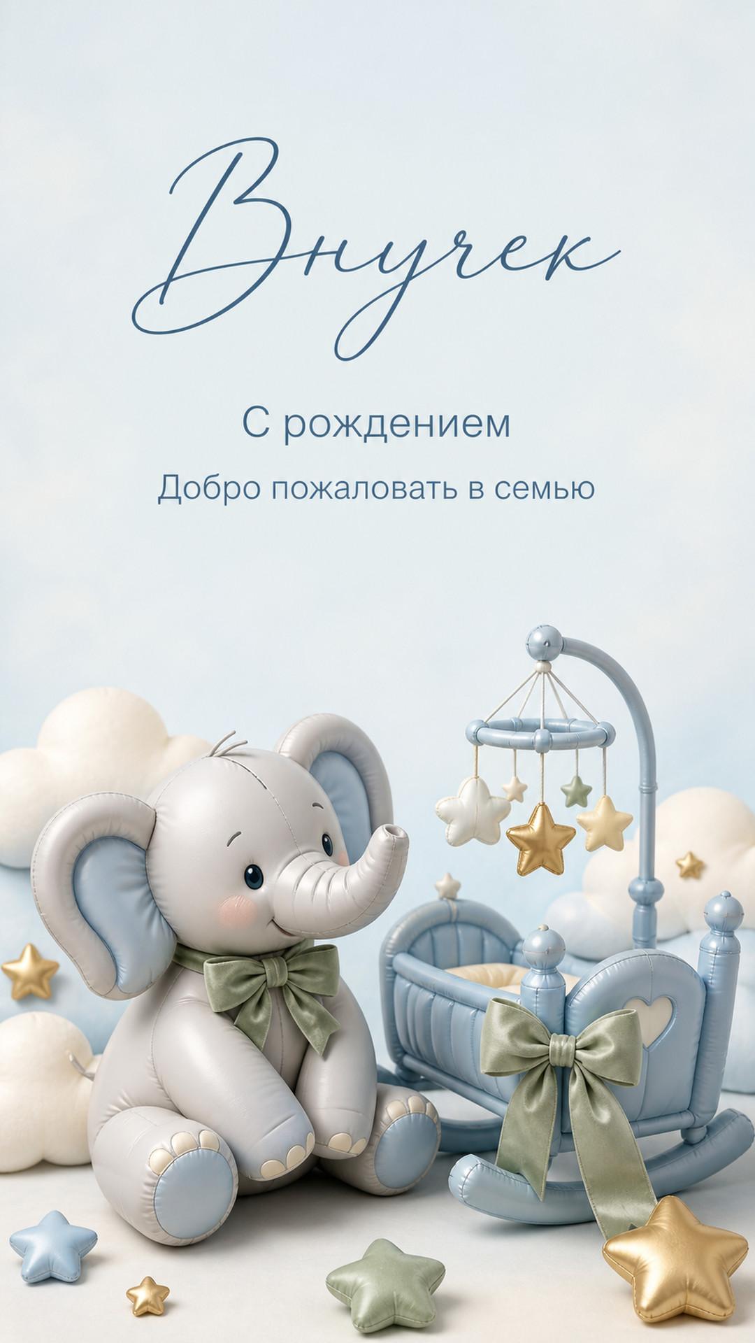 Открытка «Внучек: С рождением»: слонёнок, голубая колыбель, облака и звёзды. Текст: «Внучек. С рождением. Добро пожаловать в семью».