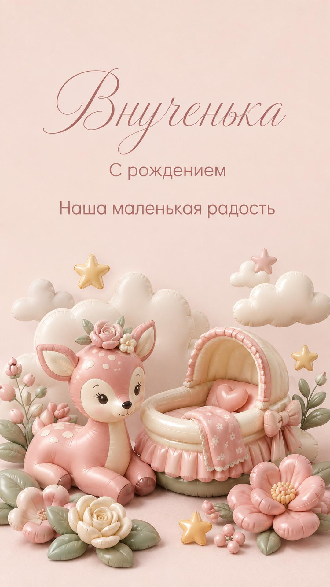 Открытка «Внученька: С рождением»: розовый оленёнок, колыбель, цветы и облака. Текст: «Внученька. С рождением. Наша маленькая радость».