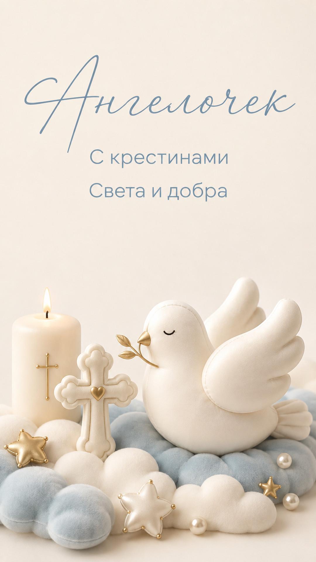 Открытка «Ангелочек: С крестинами»: белый голубь, крест, свеча, облака и звёзды. Текст: «Ангелочек. С крестинами. Света и добра».