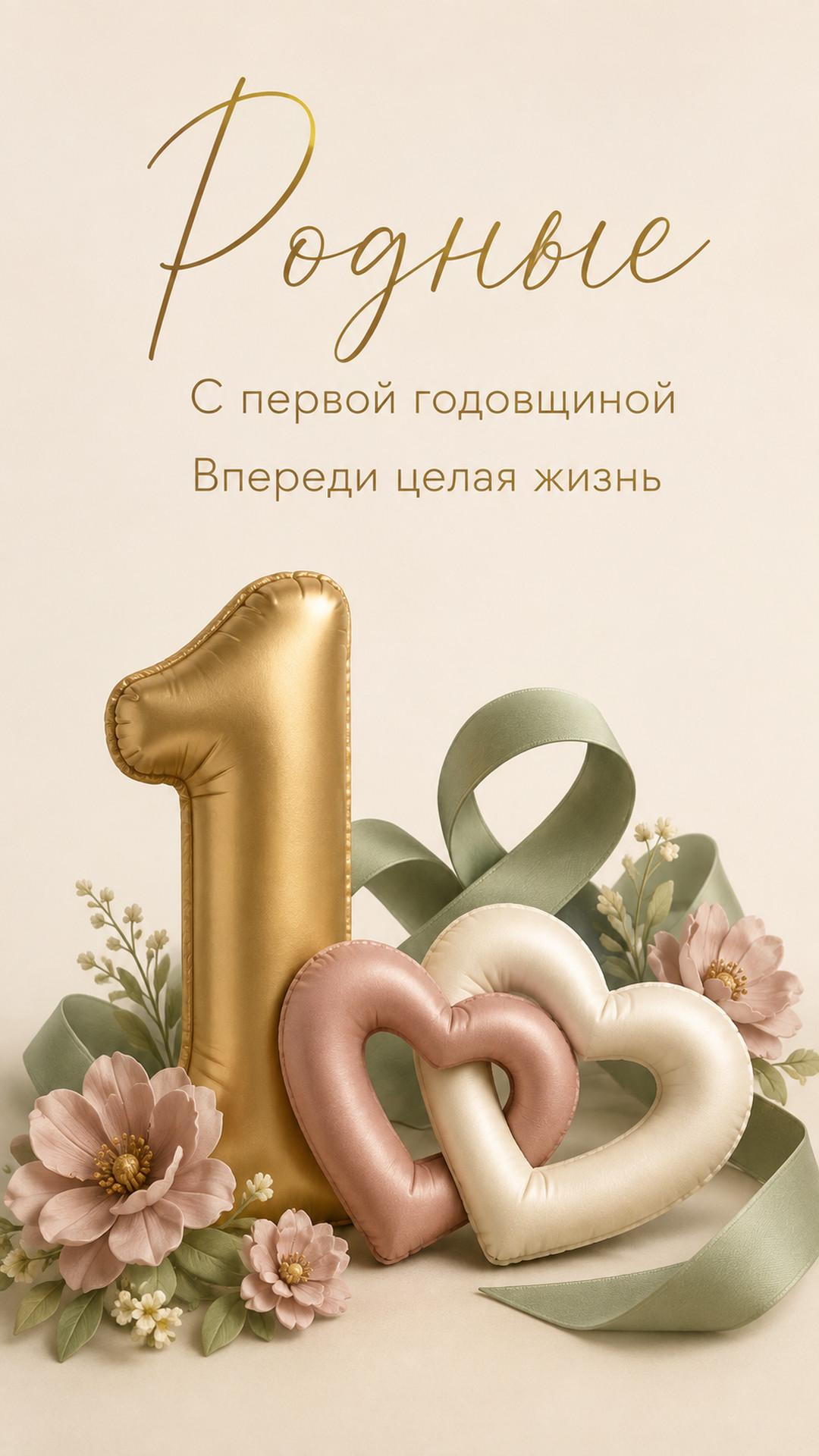 Открытка «Родные: С первой годовщиной»: цифра 1, переплетённые сердца, ленты и цветы. Текст: «Родные. С первой годовщиной. Впереди целая жизнь».