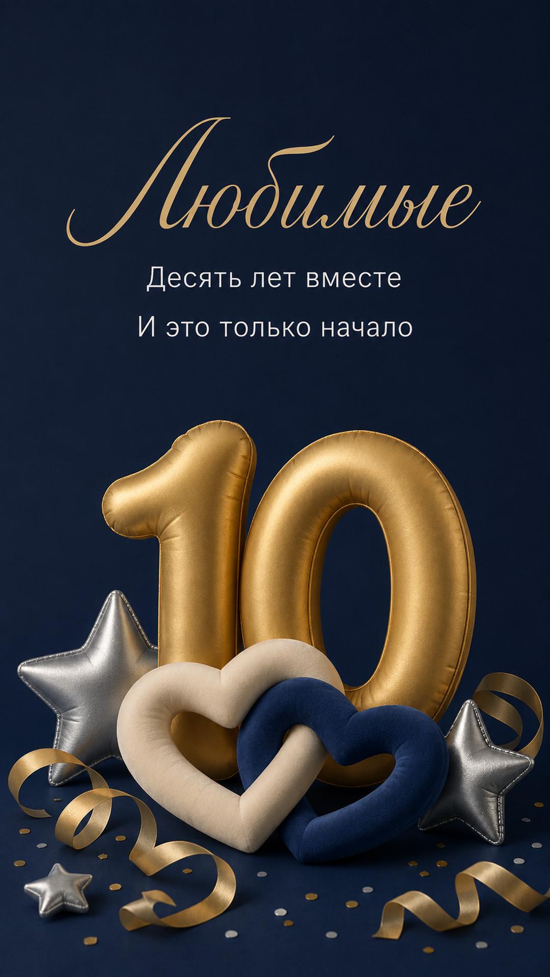 Открытка «Любимые: Десять лет вместе»: цифра 10, переплетённые сердца и ленты. Текст: «Любимые. Десять лет вместе. И это только начало».