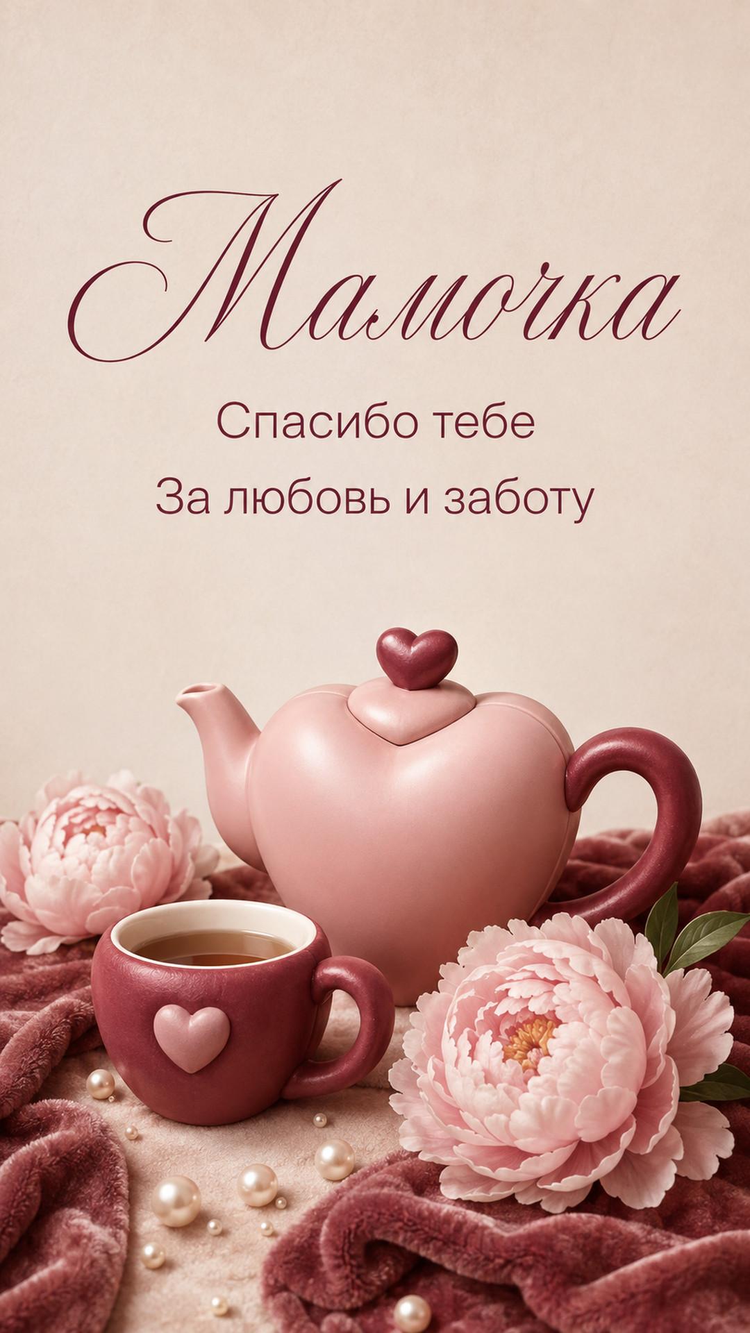 Открытка «Мамочка: Спасибо тебе»: чайник-сердце, чашка, пионы и плед. Текст: «Мамочка. Спасибо тебе. За любовь и заботу».