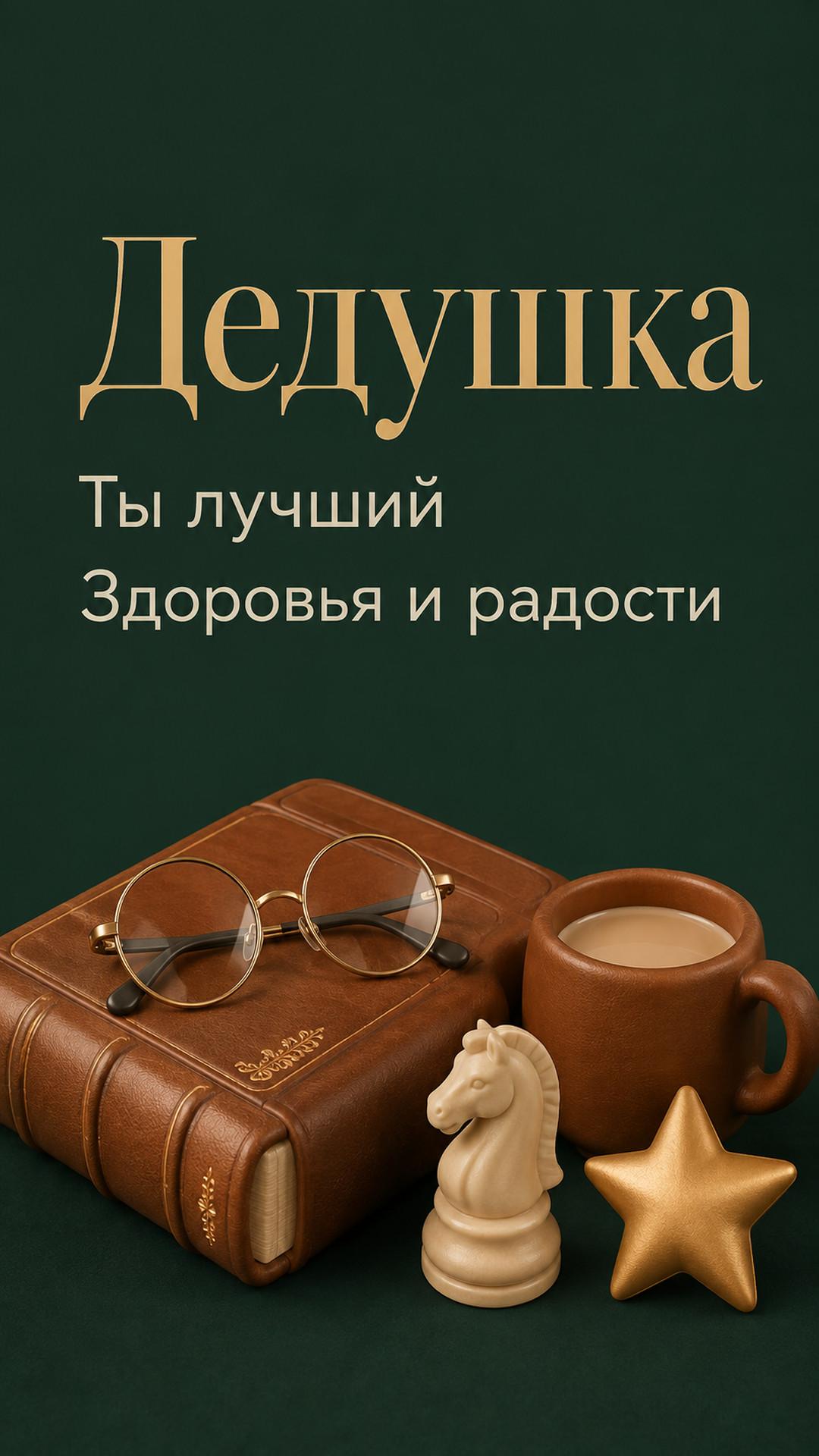 Открытка «Дедушка: Ты лучший»: книга, очки, шахматный конь, кружка и звезда. Текст: «Дедушка. Ты лучший. Здоровья и радости».
