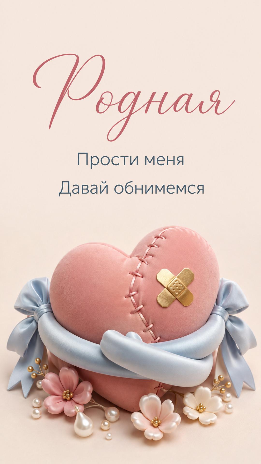 Открытка «Родная: Прости меня»: сердце с золотым пластырем, объятие лентами и цветы. Текст: «Родная. Прости меня. Давай обнимемся».