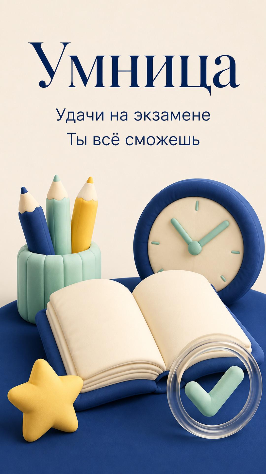 Открытка «Умница: Удачи на экзамене»: книга, отметка, часы, карандаши и звезда. Текст: «Умница. Удачи на экзамене. Ты всё сможешь».