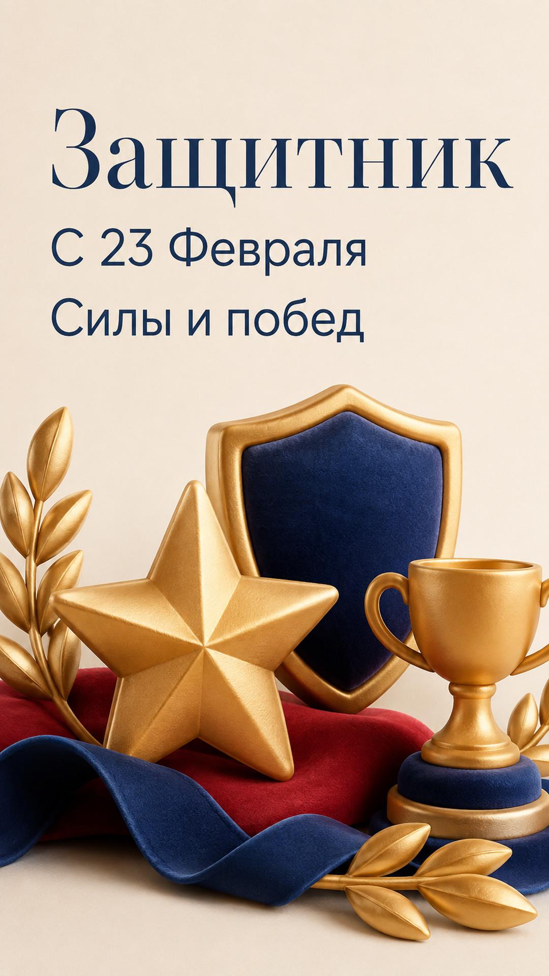 Открытка «Защитник: С 23 Февраля»: звезда-медаль, щит, лавр, кубок и синяя лента. Текст: «Защитник. С 23 Февраля. Силы и побед».