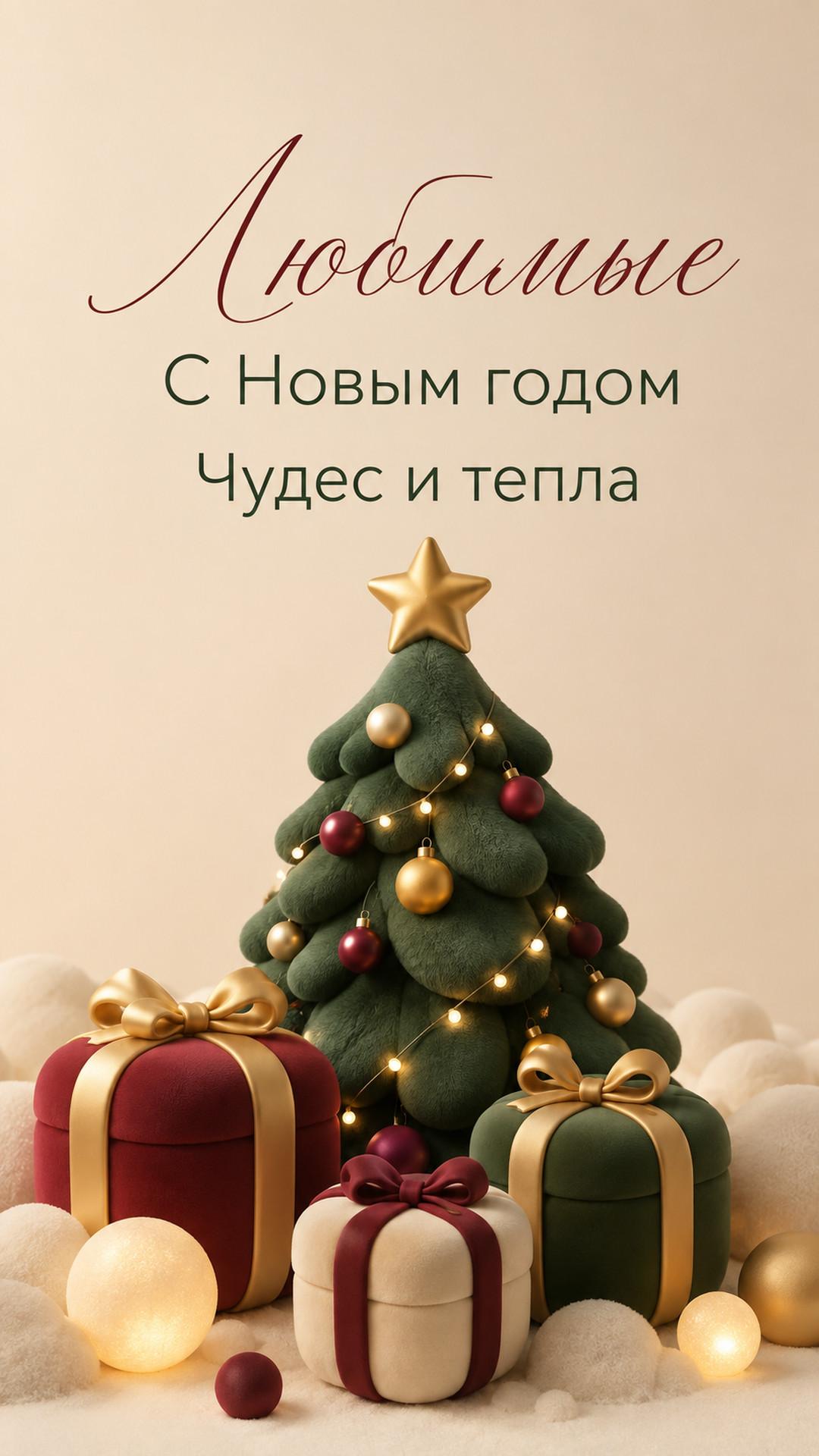 Открытка «Любимые: С Новым годом»: ёлка, подарки, звезда, снежки и украшения. Текст: «Любимые. С Новым годом. Чудес и тепла».