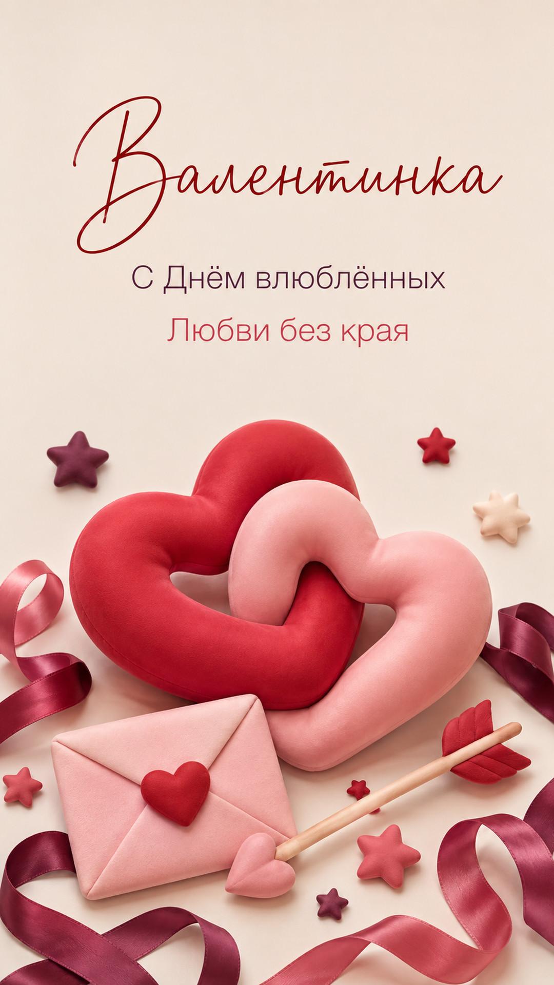 Открытка «Валентинка: С Днём влюблённых»: переплетённые сердца, письмо, стрела, ленты и звёзды. Текст: «Валентинка. С Днём влюблённых. Любви без края».