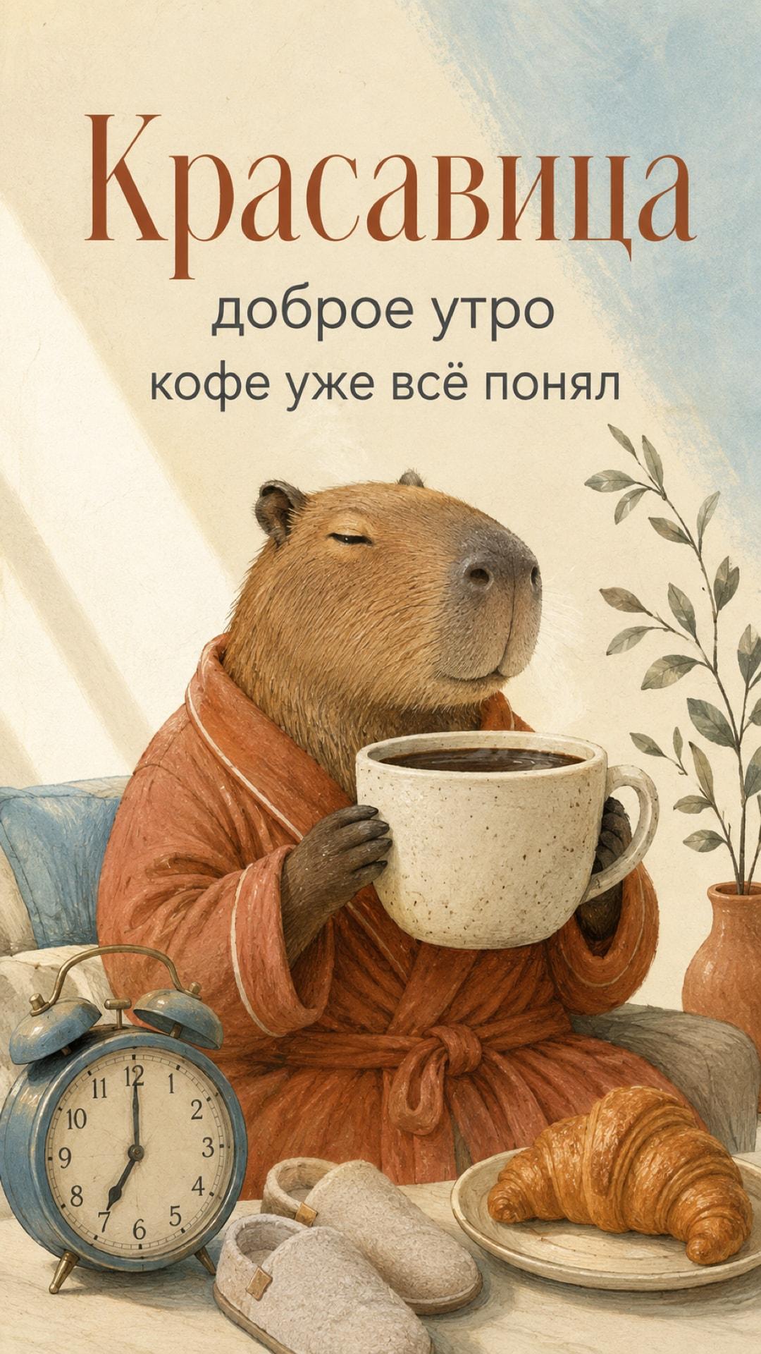 Смешная открытка женщине доброе утро: невозмутимая капибара в халате с огромной чашкой кофе. Текст: «Красавица. доброе утро. кофе уже всё понял».